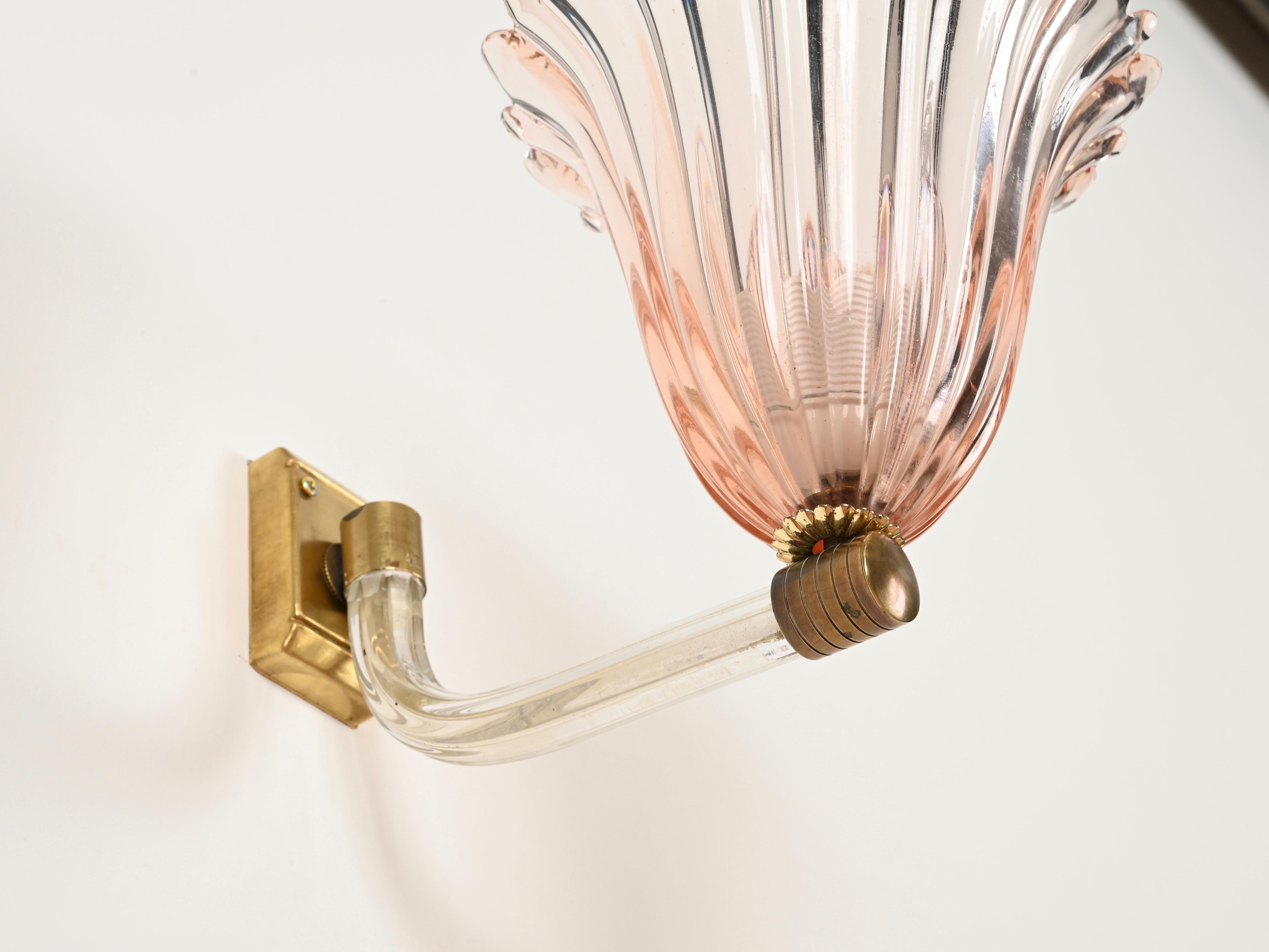 Barovier Large Pink Murano Glass and Brass Flower Sconces, Italy 1940s For Sale 6