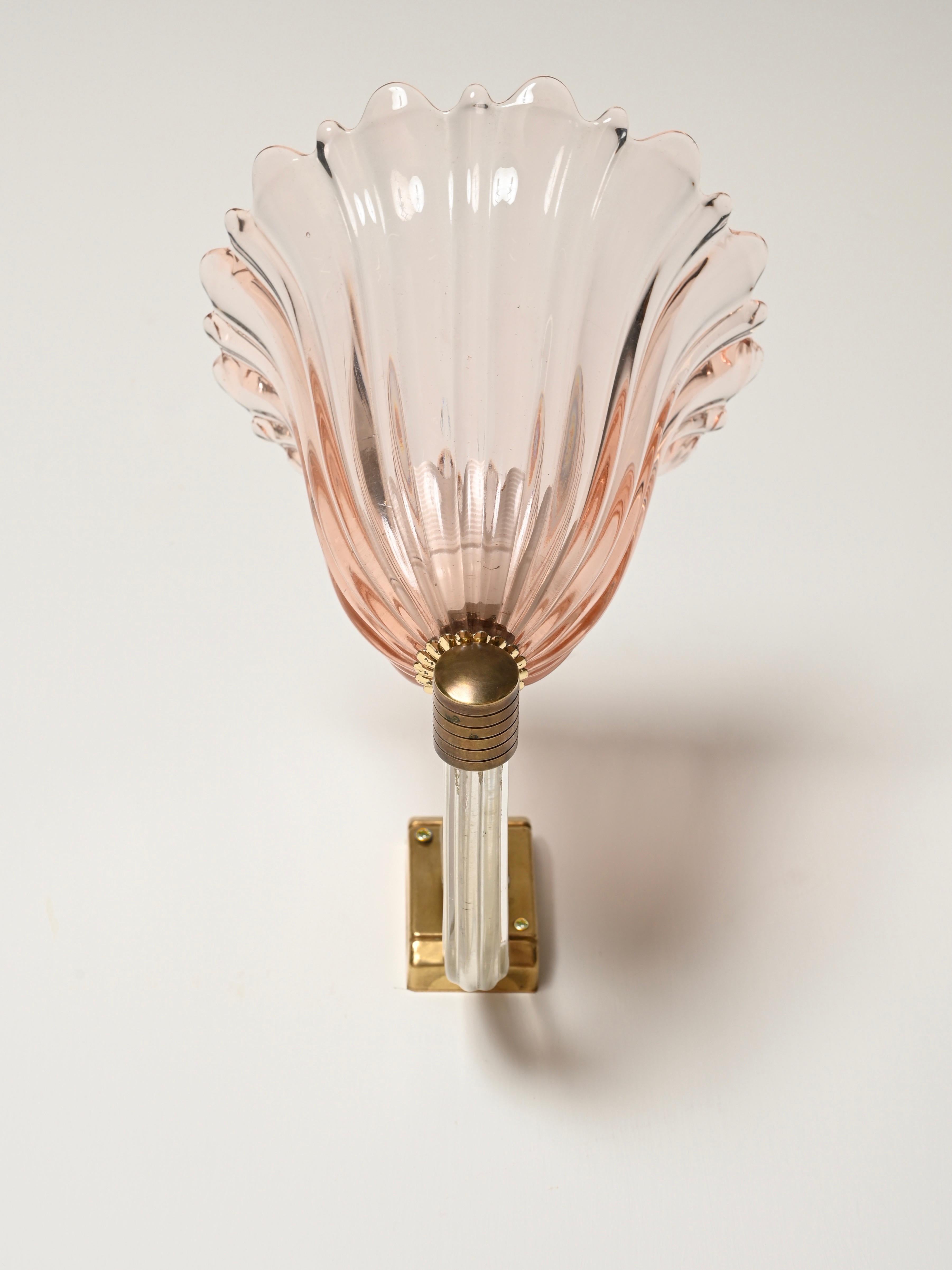 Barovier Large Pink Murano Glass and Brass Flower Sconces, Italy 1940s For Sale 7