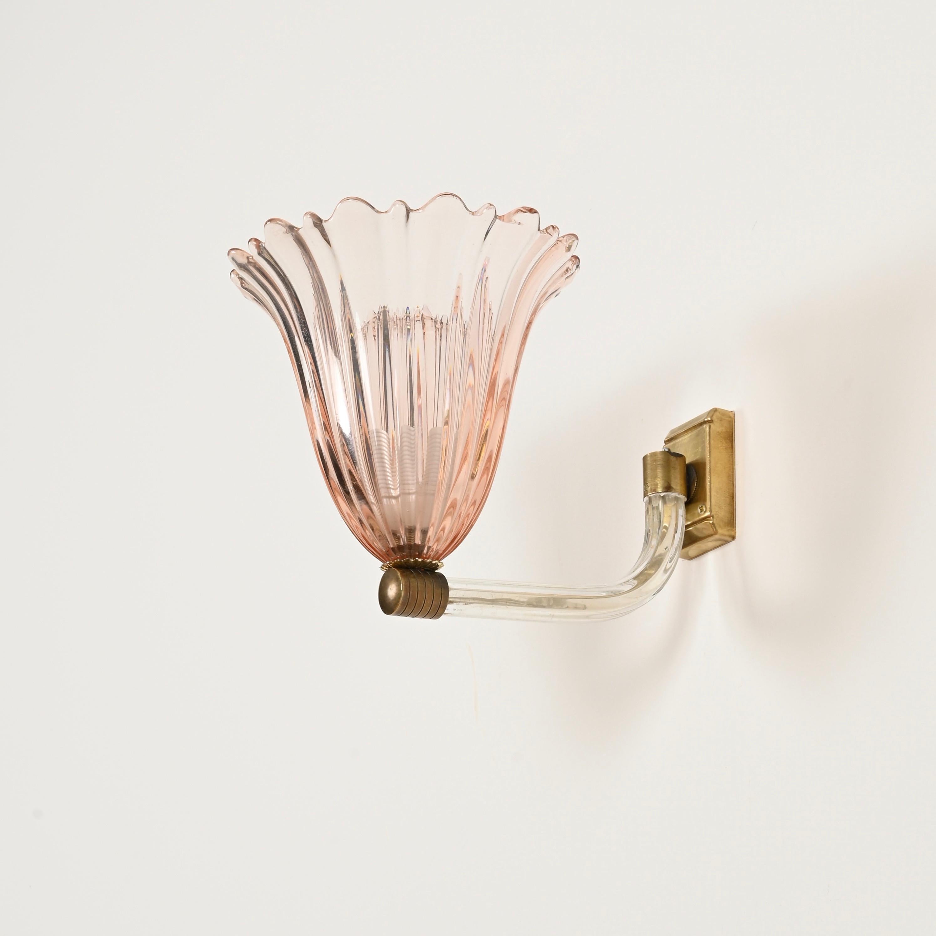 Barovier Large Pink Murano Glass and Brass Flower Sconces, Italy 1940s For Sale 8