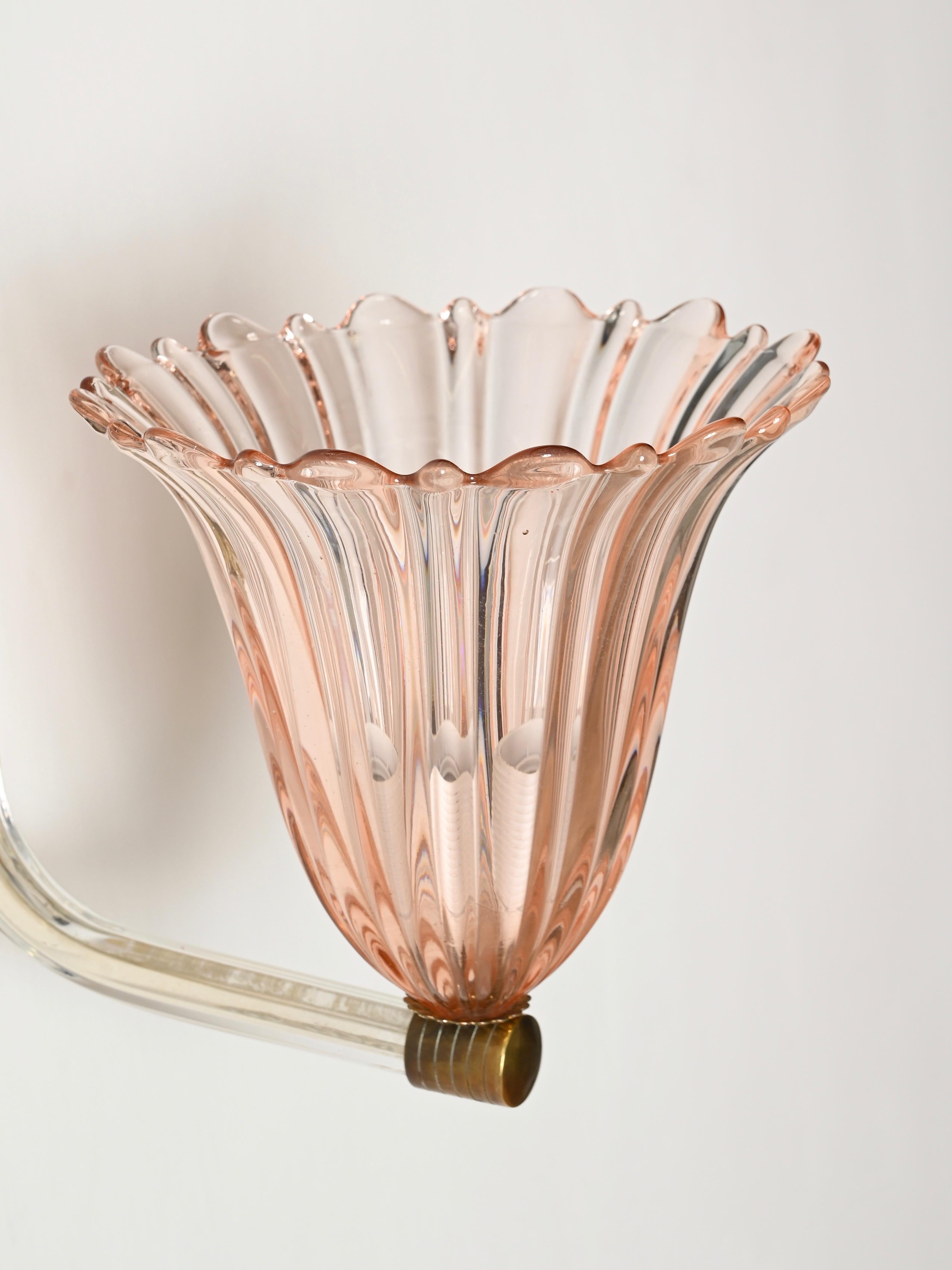 Mid-Century Modern Barovier Large Pink Murano Glass and Brass Flower Sconces, Italy 1940s For Sale