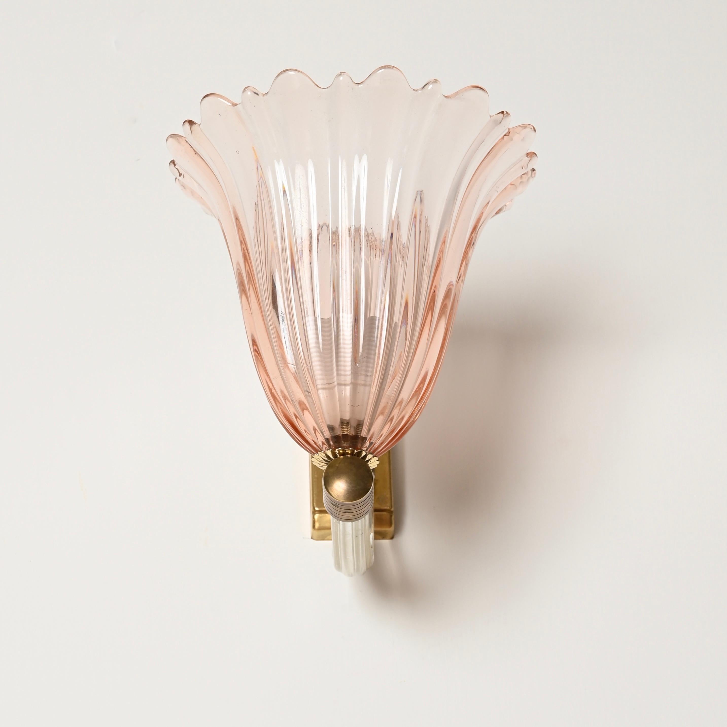 Italian Barovier Large Pink Murano Glass and Brass Flower Sconces, Italy 1940s For Sale