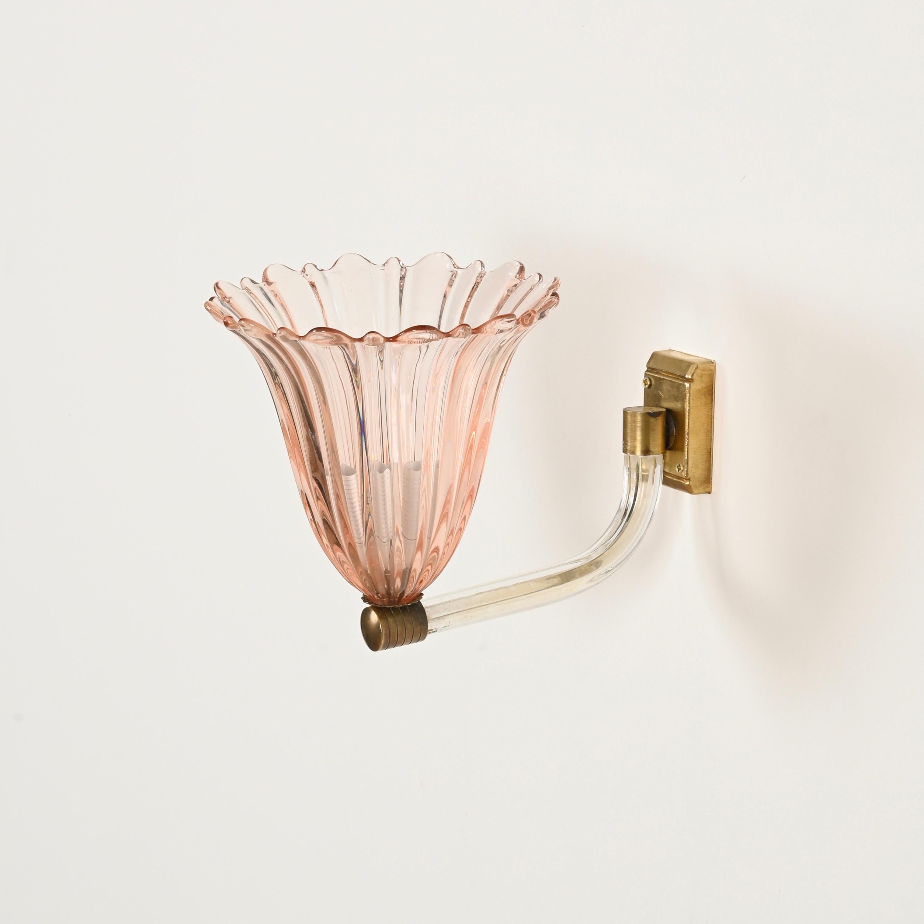 Hand-Crafted Barovier Large Pink Murano Glass and Brass Flower Sconces, Italy 1940s For Sale