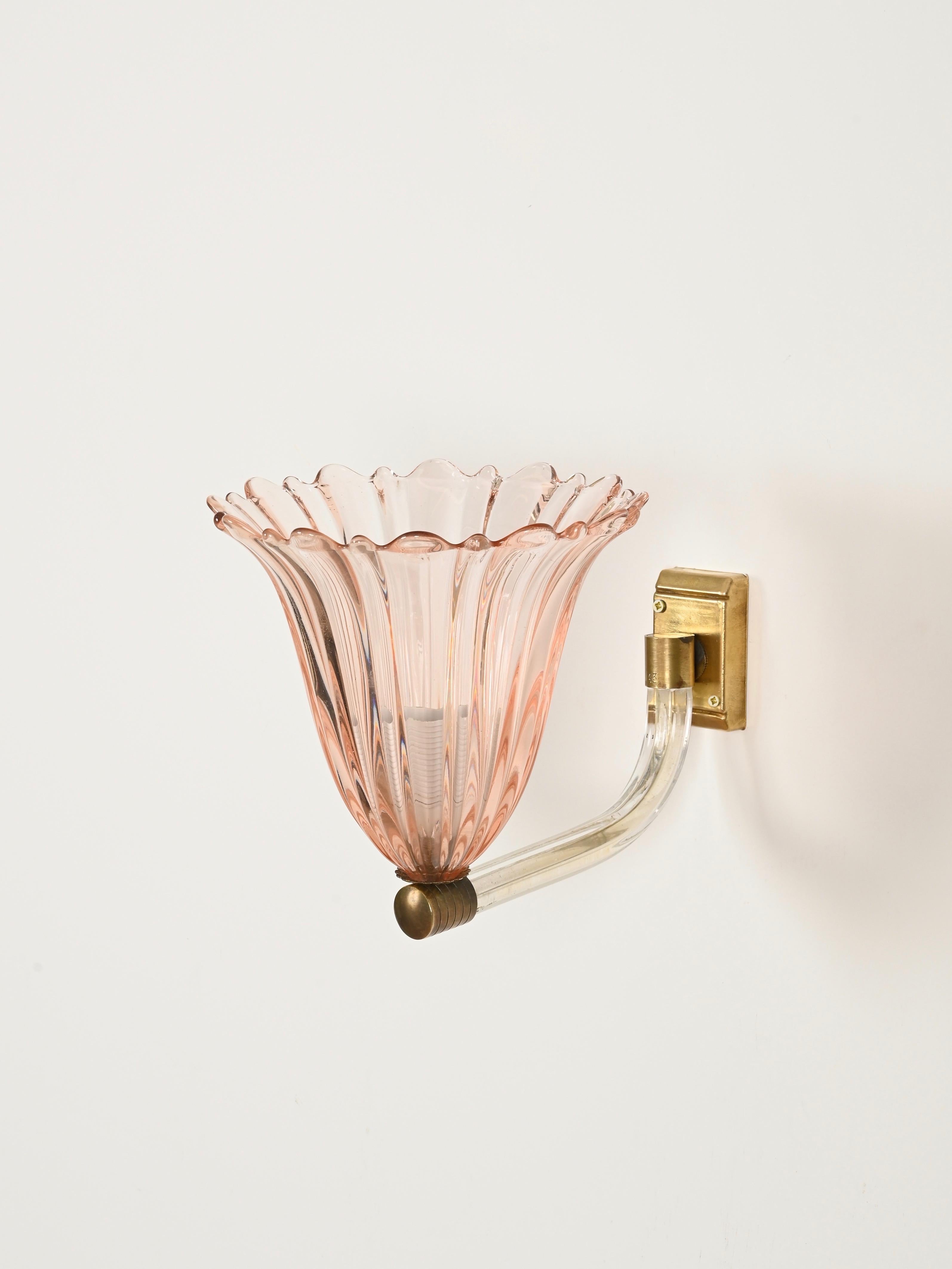 Barovier Large Pink Murano Glass and Brass Flower Sconces, Italy 1940s For Sale 2