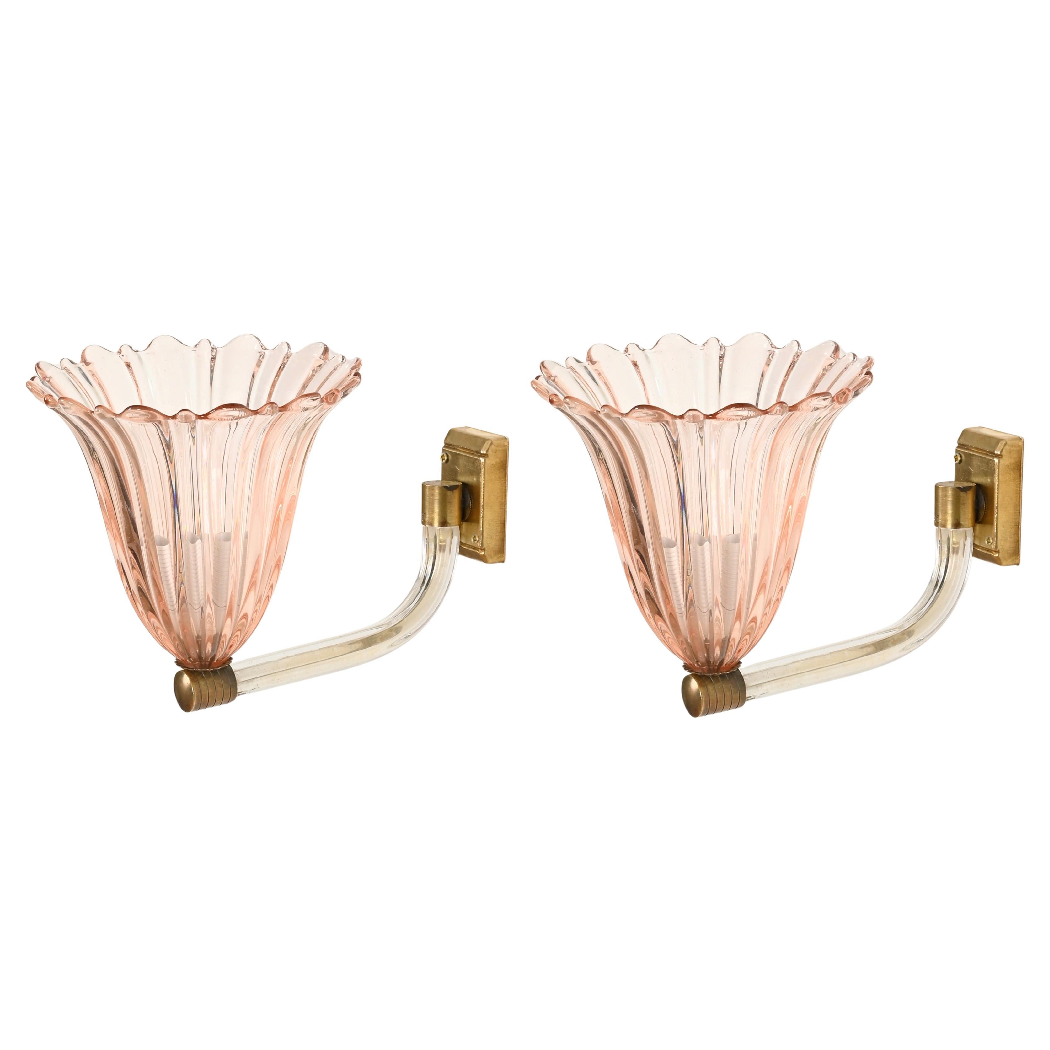 Barovier Large Pink Murano Glass and Brass Flower Sconces, Italy 1940s For Sale