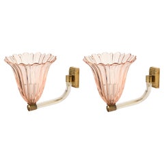 Barovier Large Pink Murano Glass and Brass Flower Sconces, Italy 1940s