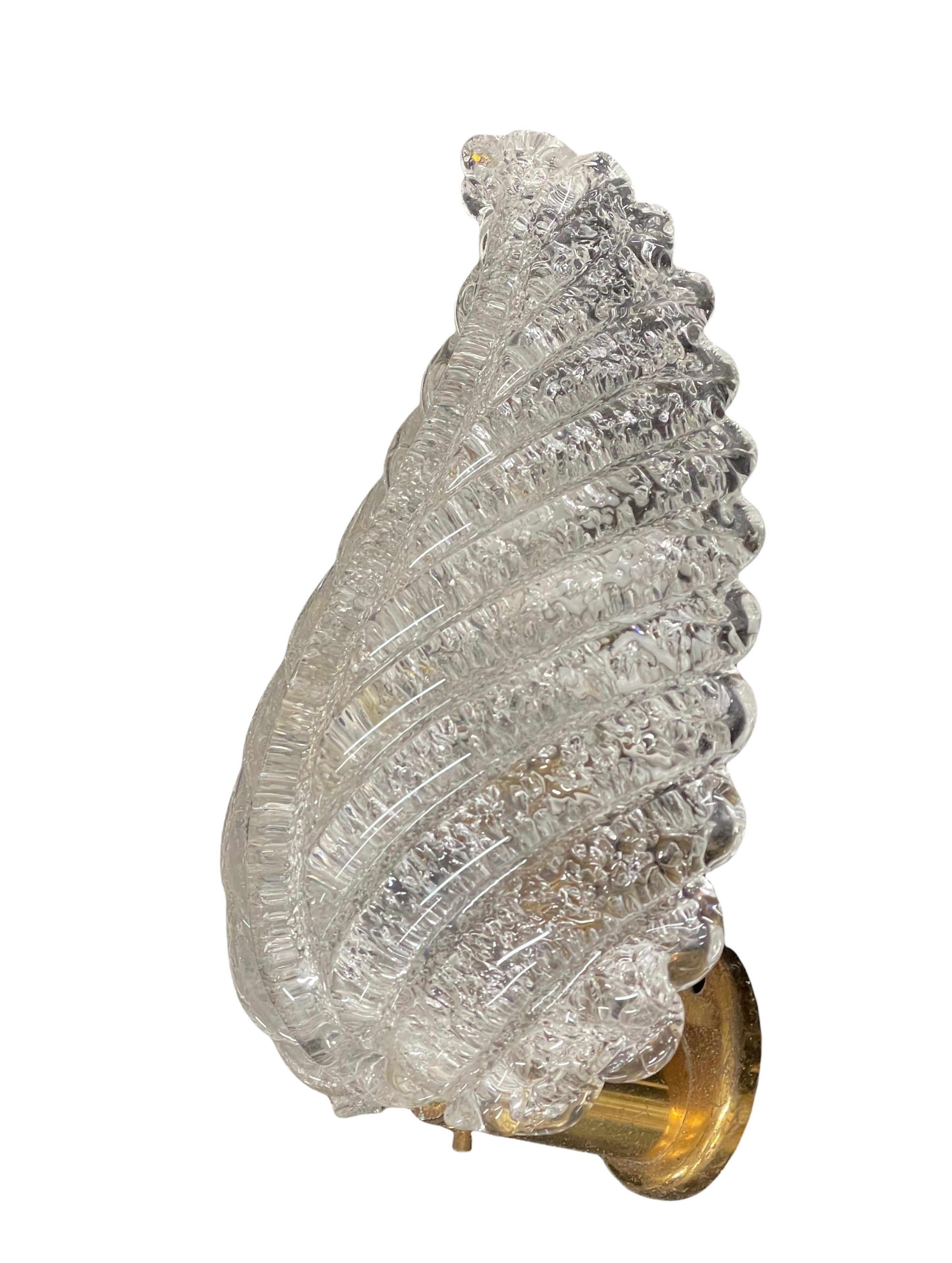 Mid-20th Century Barovier Midcentury Murano Crystal Murano Glass Leaf Italian Wall Sconce, 1950s