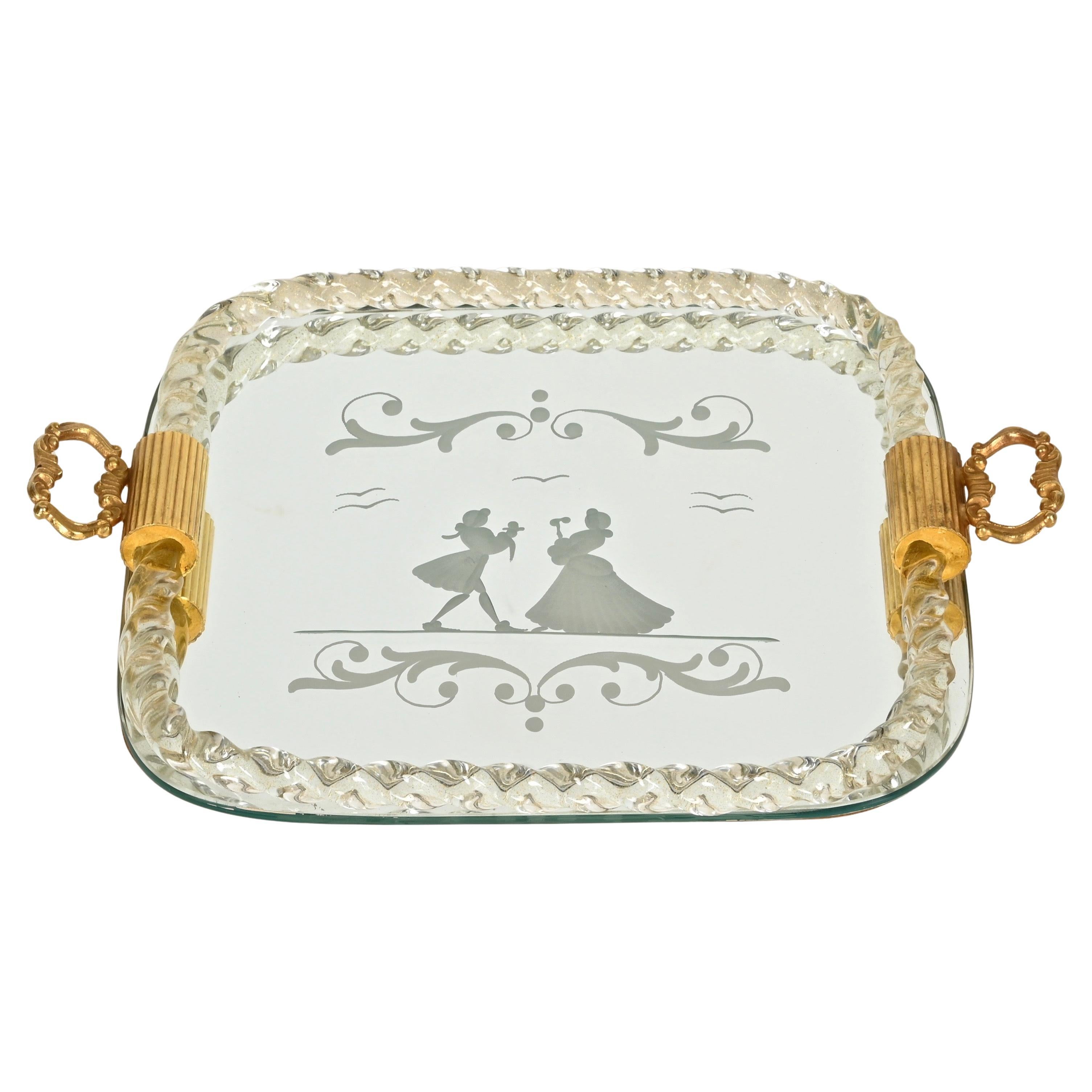 Barovier Mirror-Engraved Murano Glass w/ Gold Italian Serving Tray, 1940s en vente