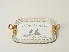 Barovier Mirror-Engraved Small Serving Tray in Murano Glass w/ Gold, Italy 1940s