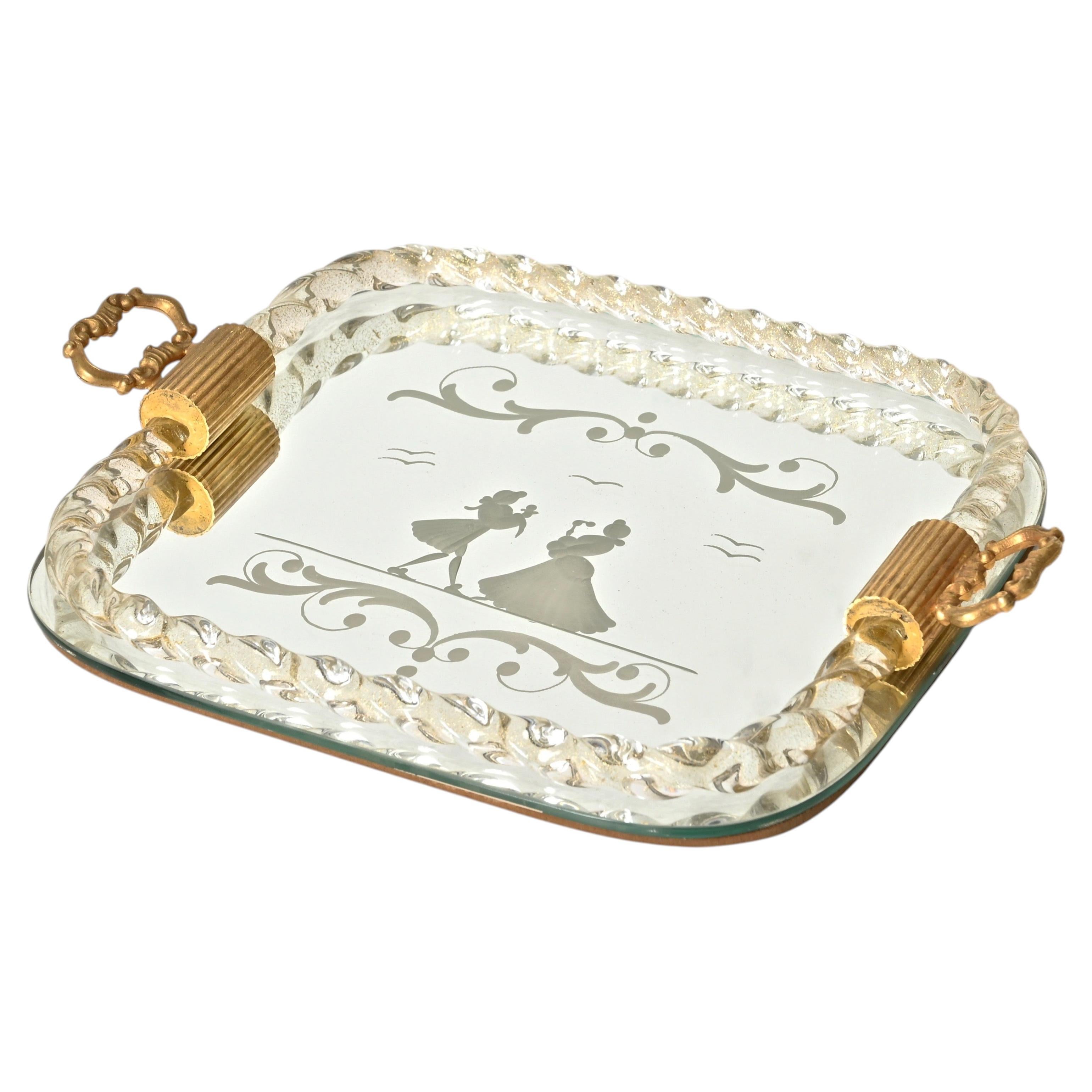 Barovier Mirror-Engraved Small Serving Tray in Murano Glass w/ Gold, Italy 1940s