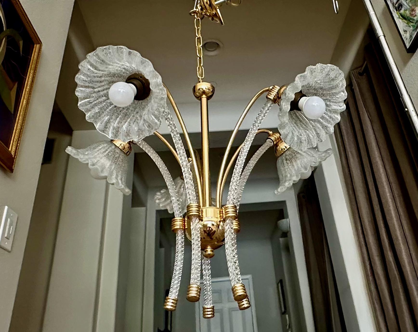 Murano brass frame chandelier with 5 twisted glass rod lights, attributed to Barovier & Toso. The glass cup globes are in the 