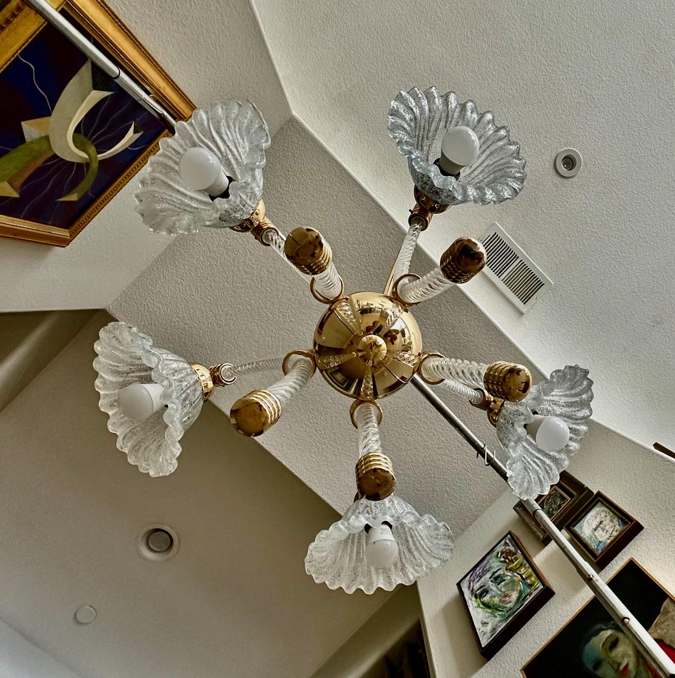 Laiton Barovier Murano 5 Arm Twisted Glass Chandelier en vente