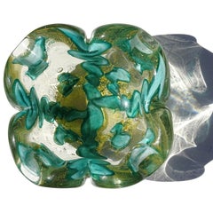 Barovier Murano Emerald Green Gold Flecks Abstract Design Italian Art Glass Bowl