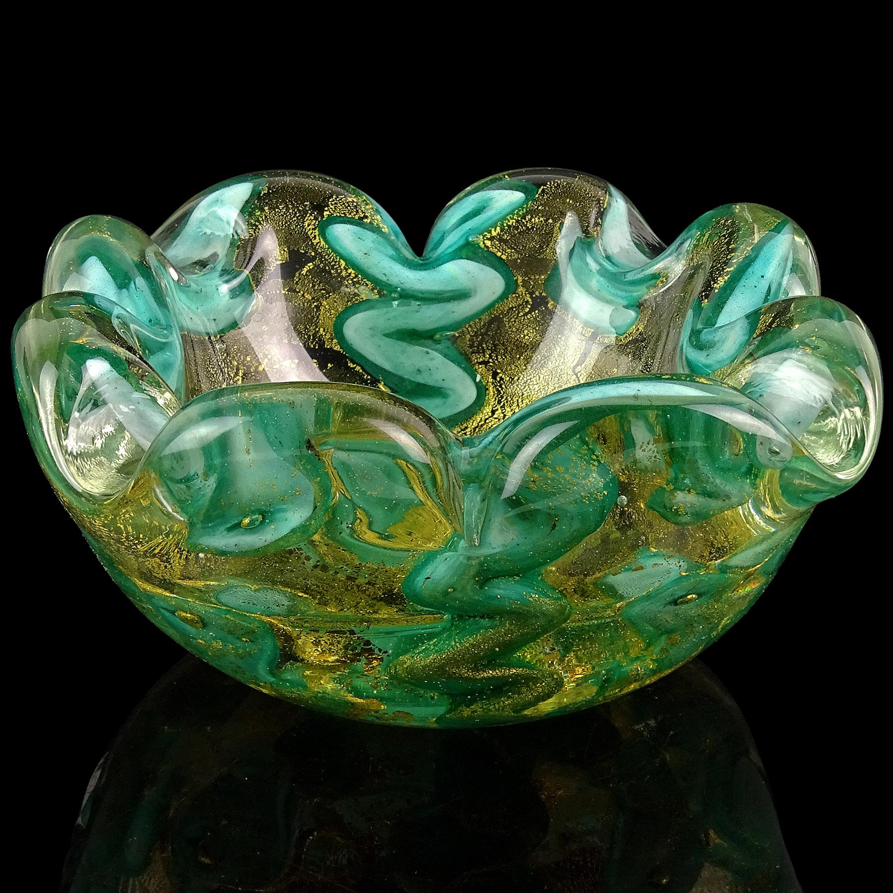 Mid-Century Modern Barovier Murano Emerald Green Gold Flecks Abstract Design Italian Art Glass Bowl