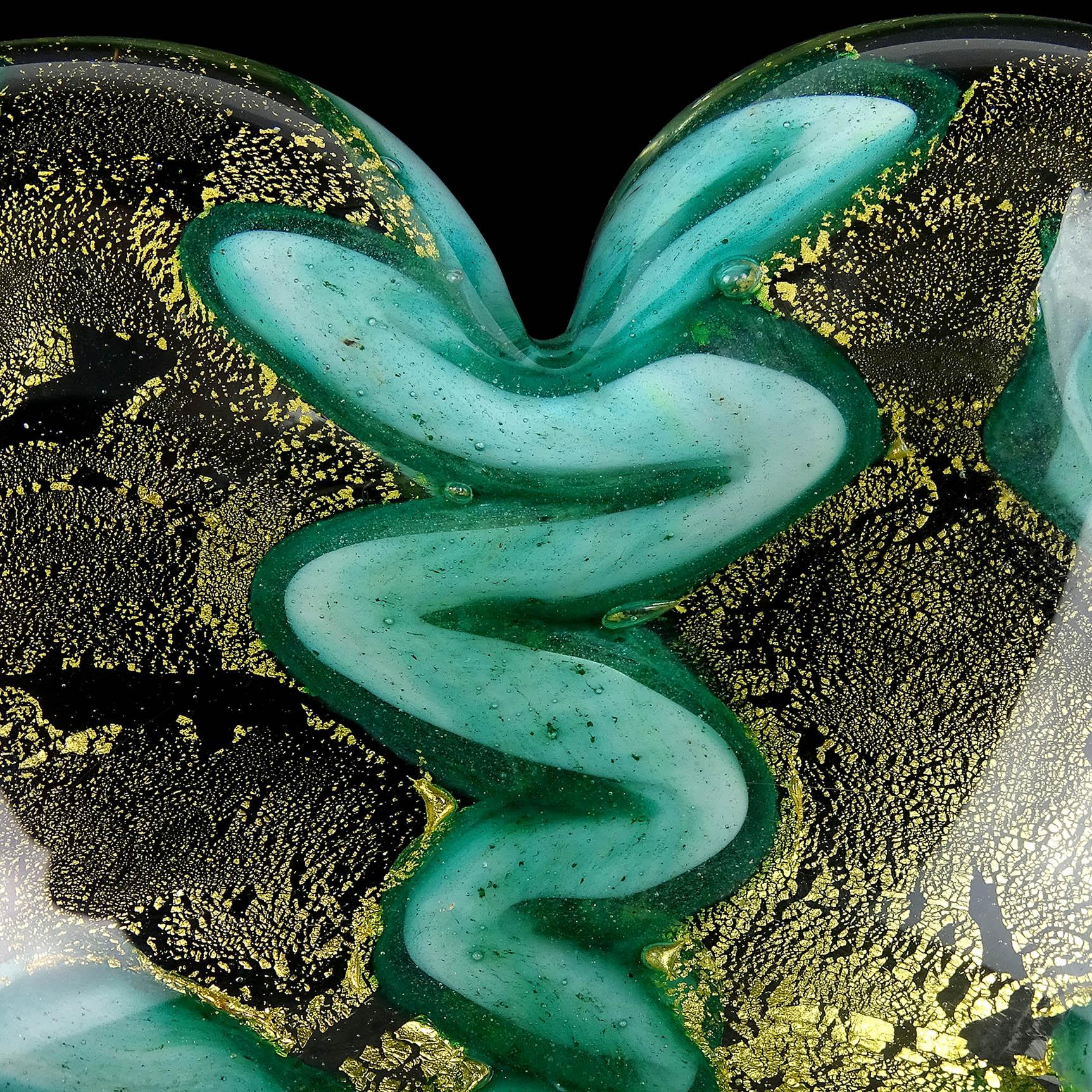 Hand-Crafted Barovier Murano Emerald Green Gold Flecks Abstract Design Italian Art Glass Bowl