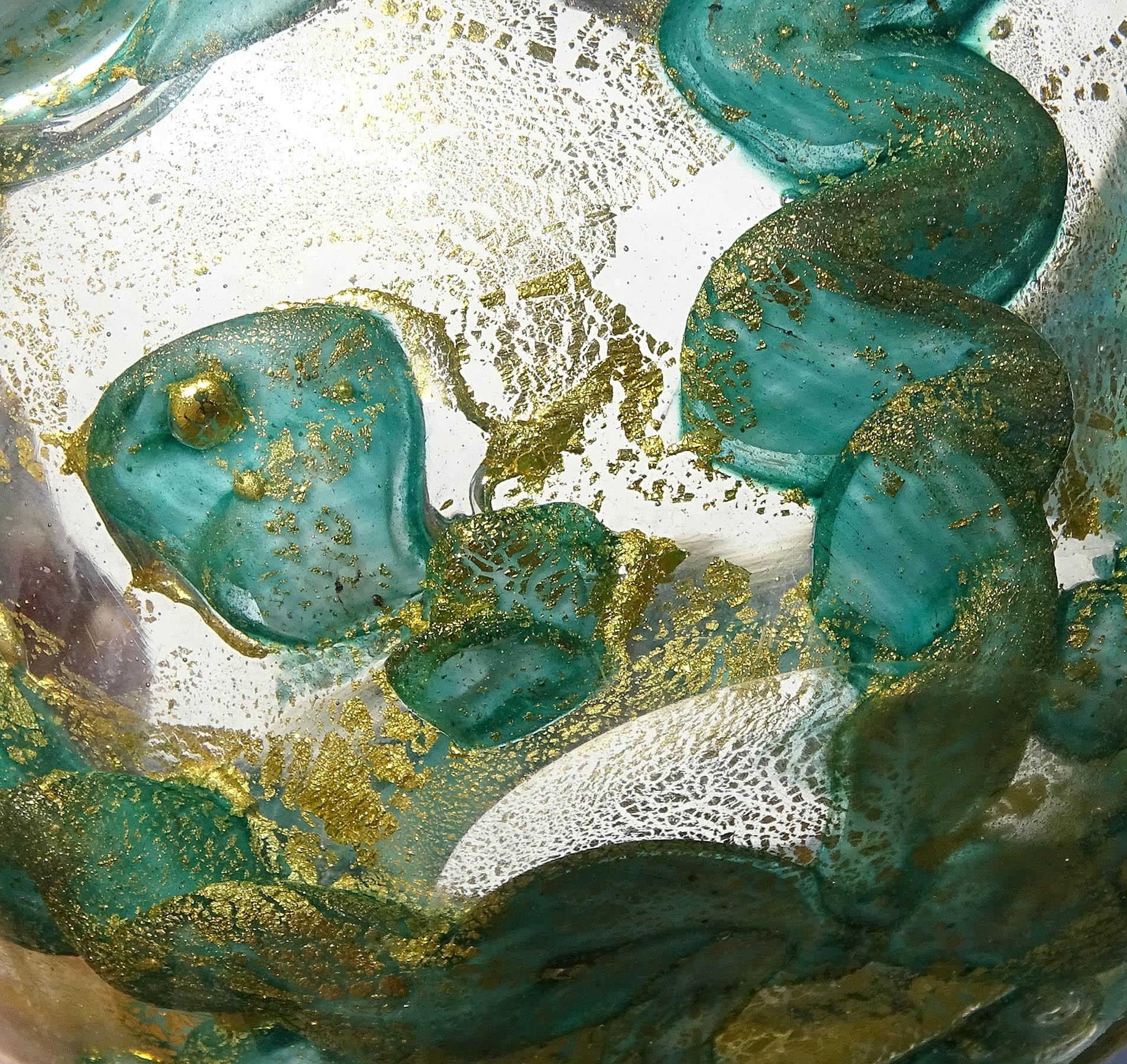 Barovier Murano Emerald Green Gold Flecks Abstract Design Italian Art Glass Bowl 1