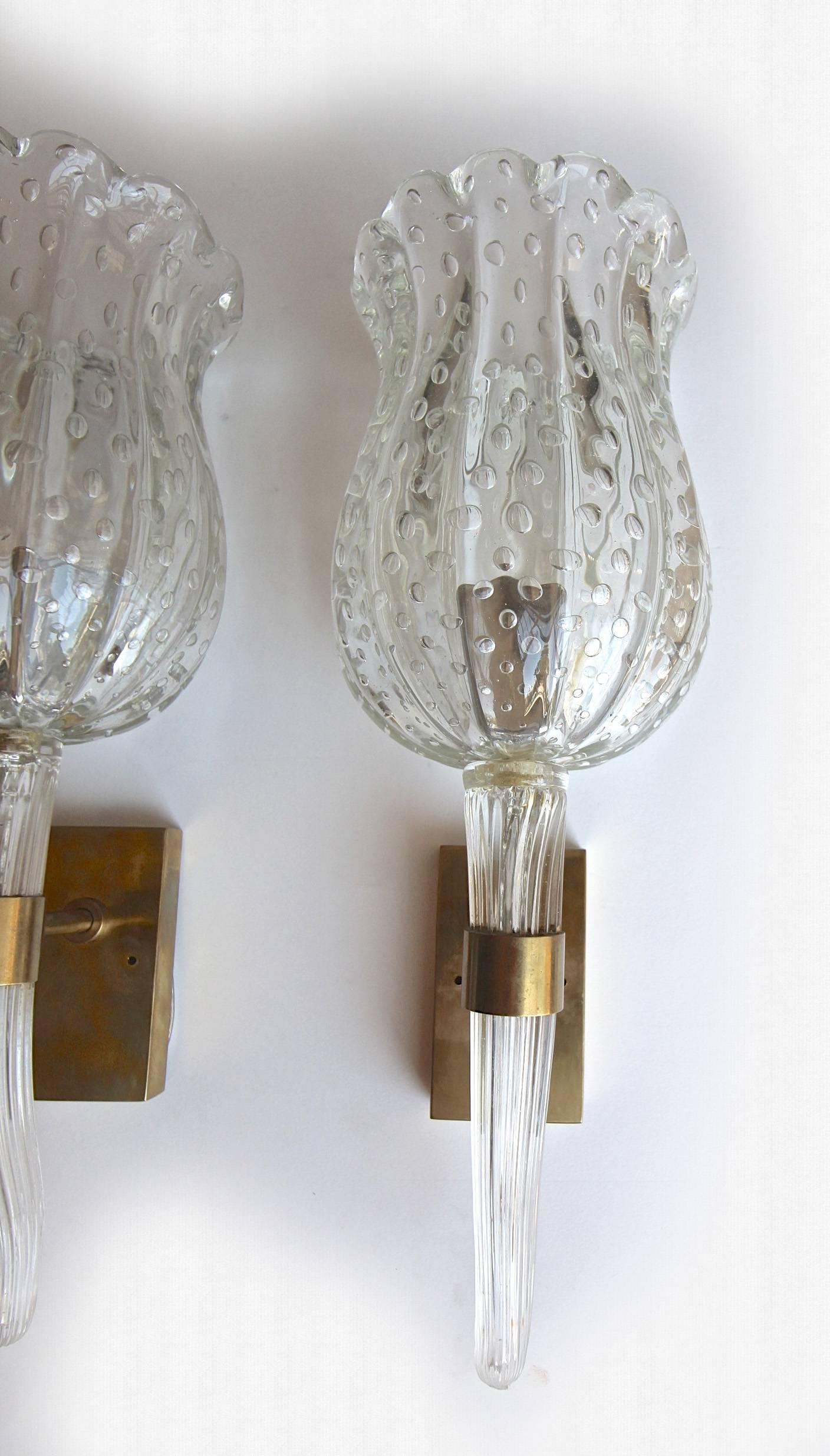 Barovier Murano Fluted Cup Clear Glass Wall Sconces 4