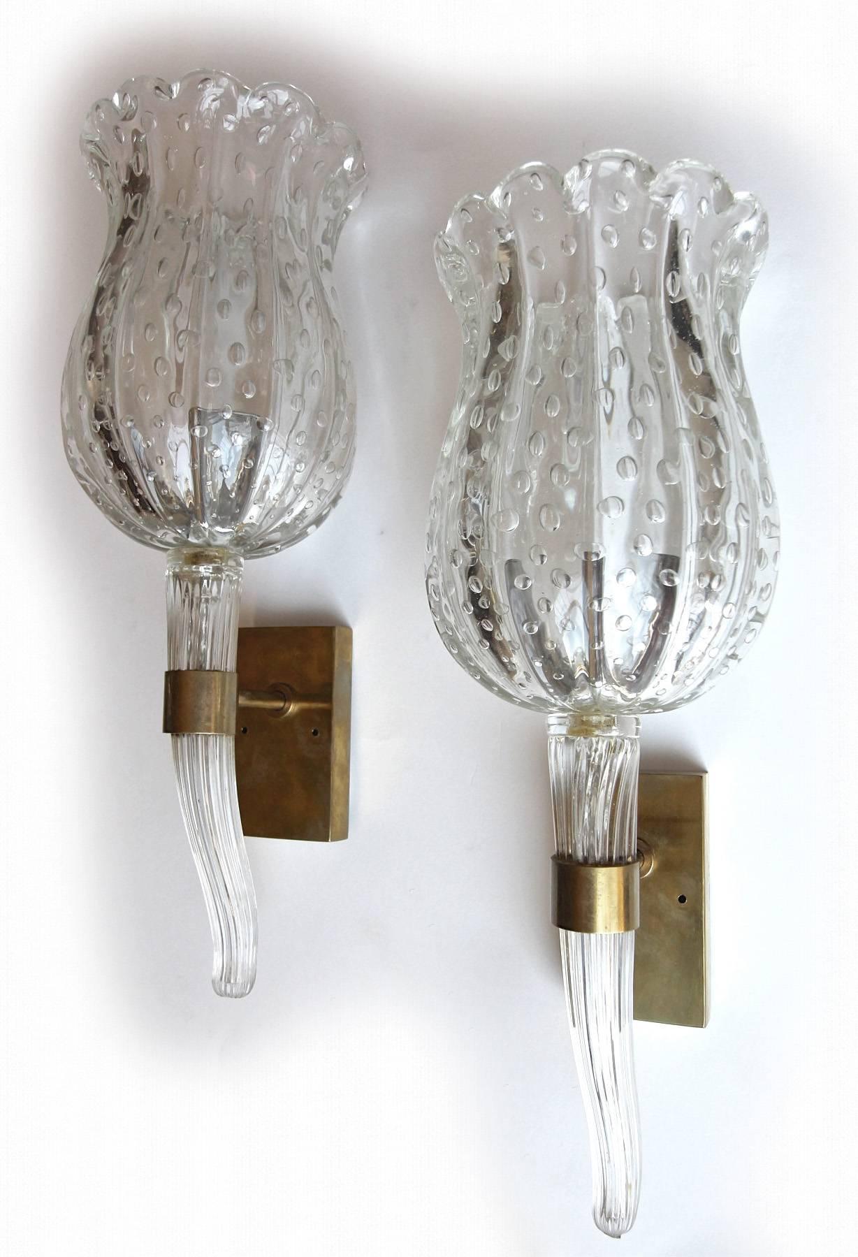 Barovier Murano Fluted Cup Clear Glass Wall Sconces 6