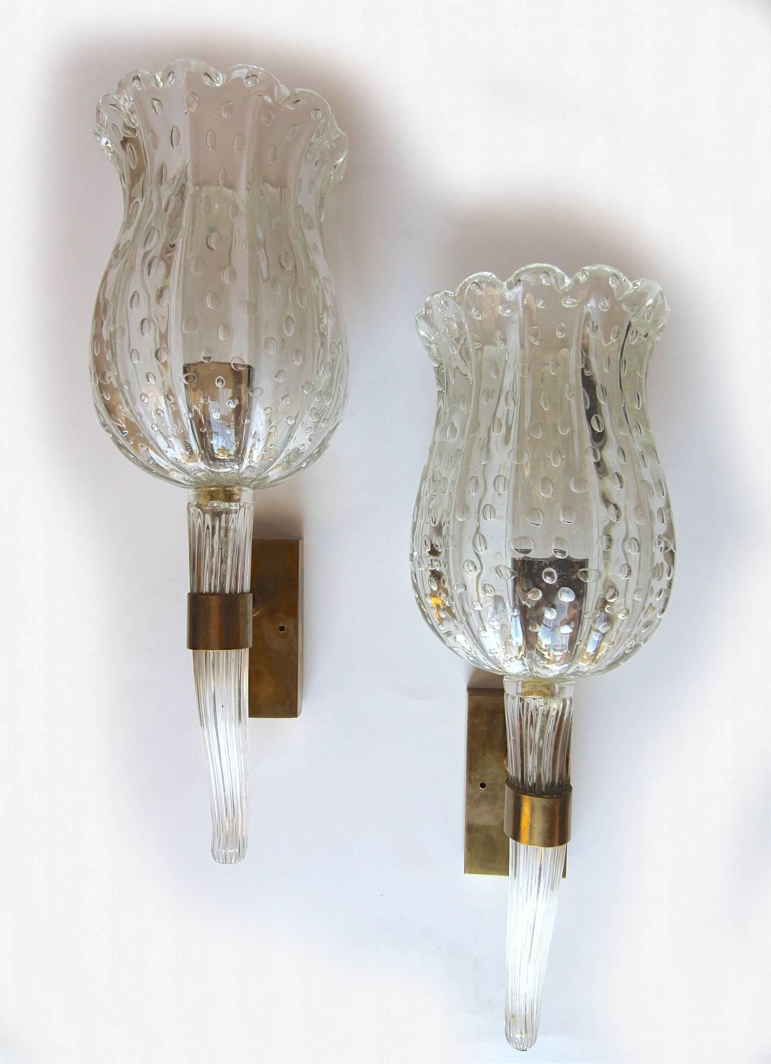Barovier Murano Fluted Cup Clear Glass Wall Sconces 3