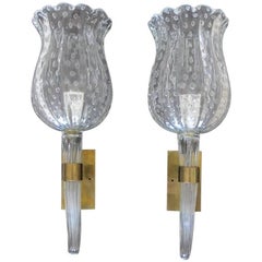 Barovier Murano Fluted Cup Clear Glass Wall Sconces