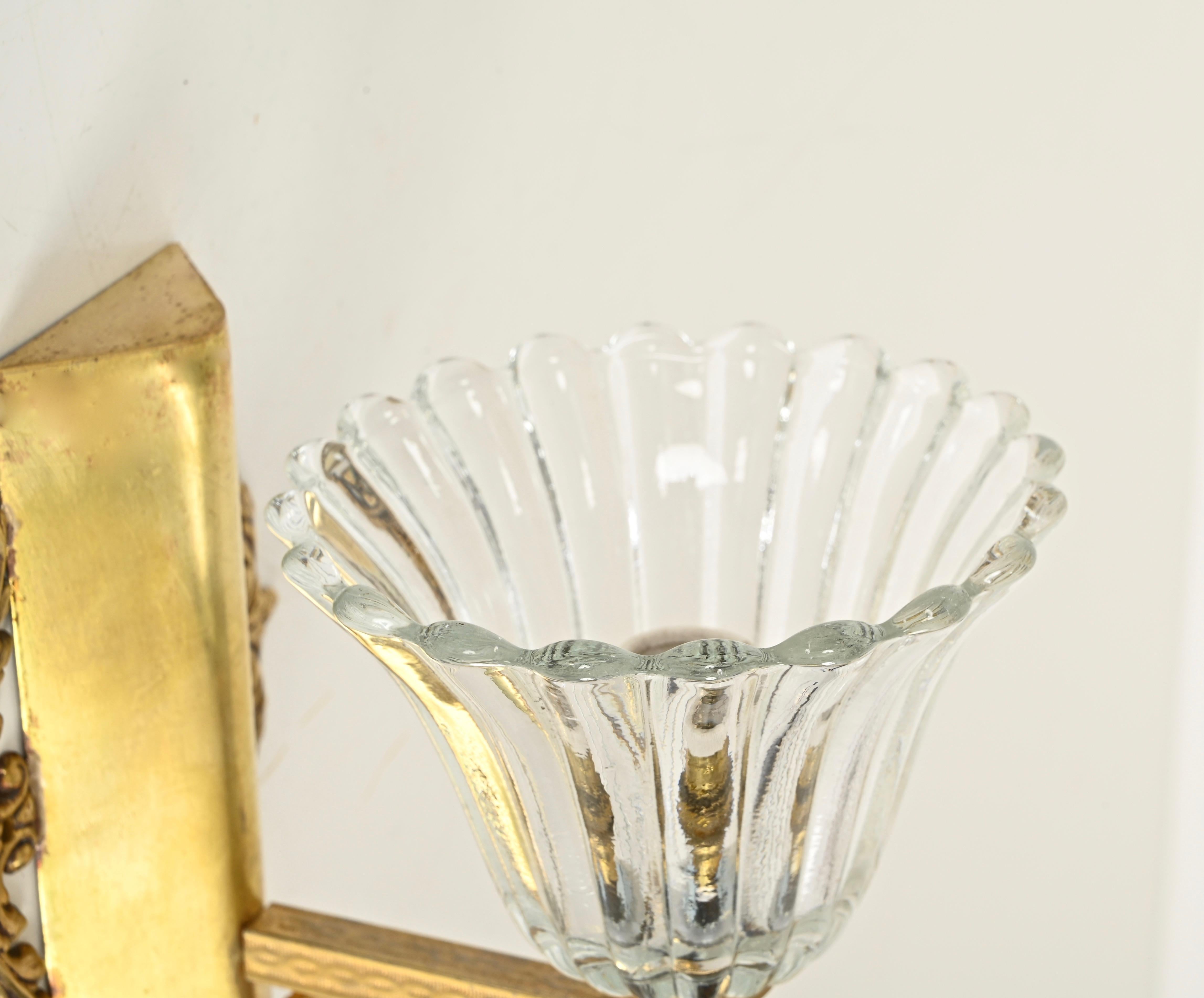 Laiton Appliques à fleurs en verre de Murano et laiton, Barovier, Italie, années 1950 en vente