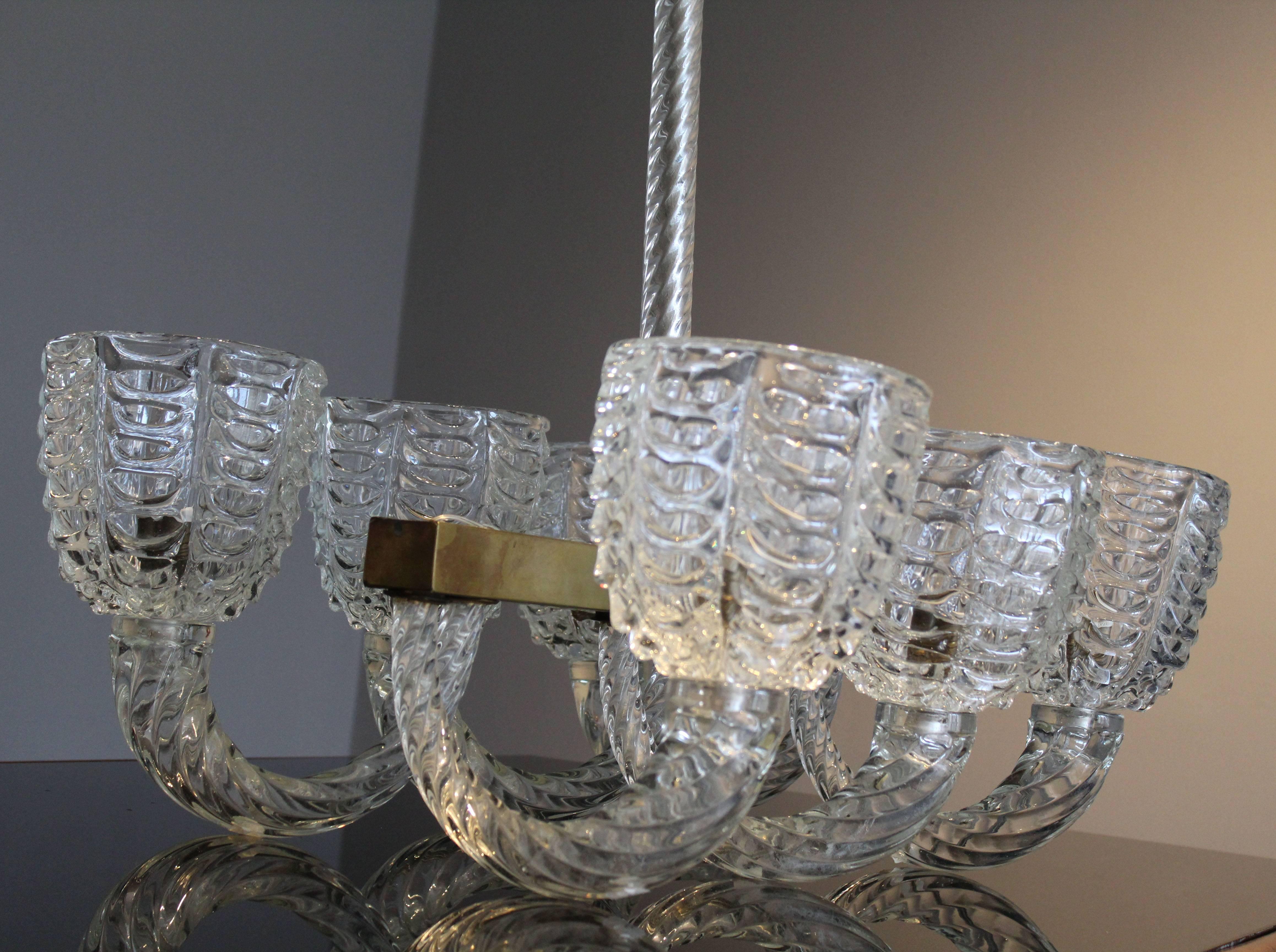 Barovier Murano Glass and Brass Italian Chandelier, 1940s For Sale 1