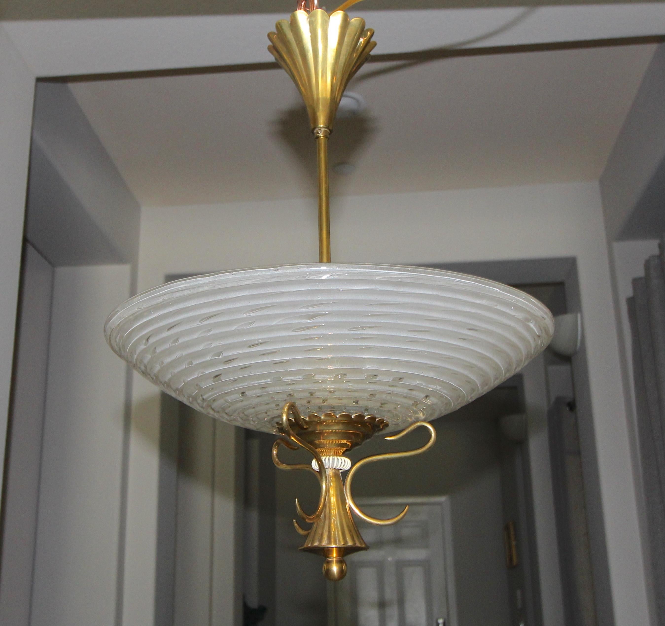 Mid-20th Century Barovier Murano Glass Brass Chandelier or Pendant 
