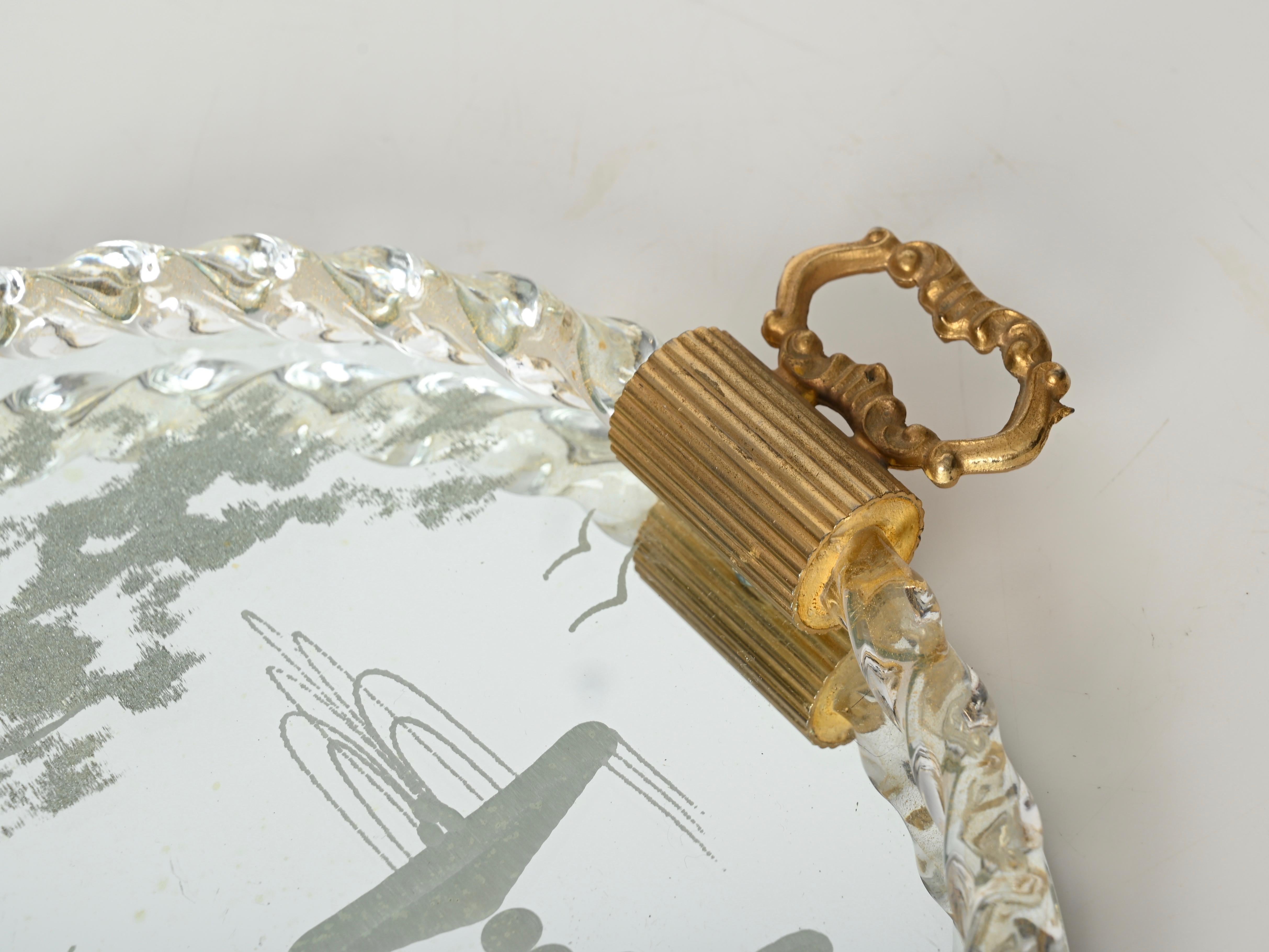 Barovier Bandeja para servir italiana de cristal soplado dorado de Murano, espejo grabado, años 40 en venta 2