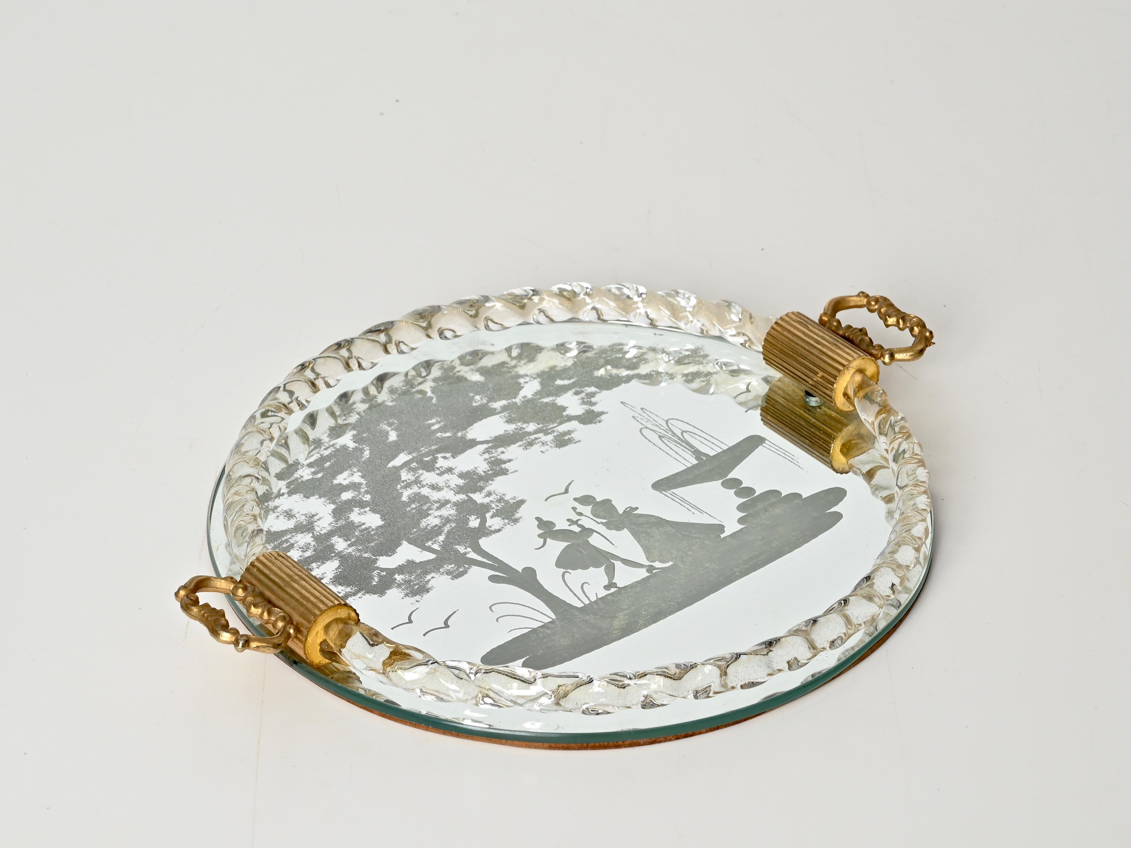 Barovier Bandeja para servir italiana de cristal soplado dorado de Murano, espejo grabado, años 40 en venta 3