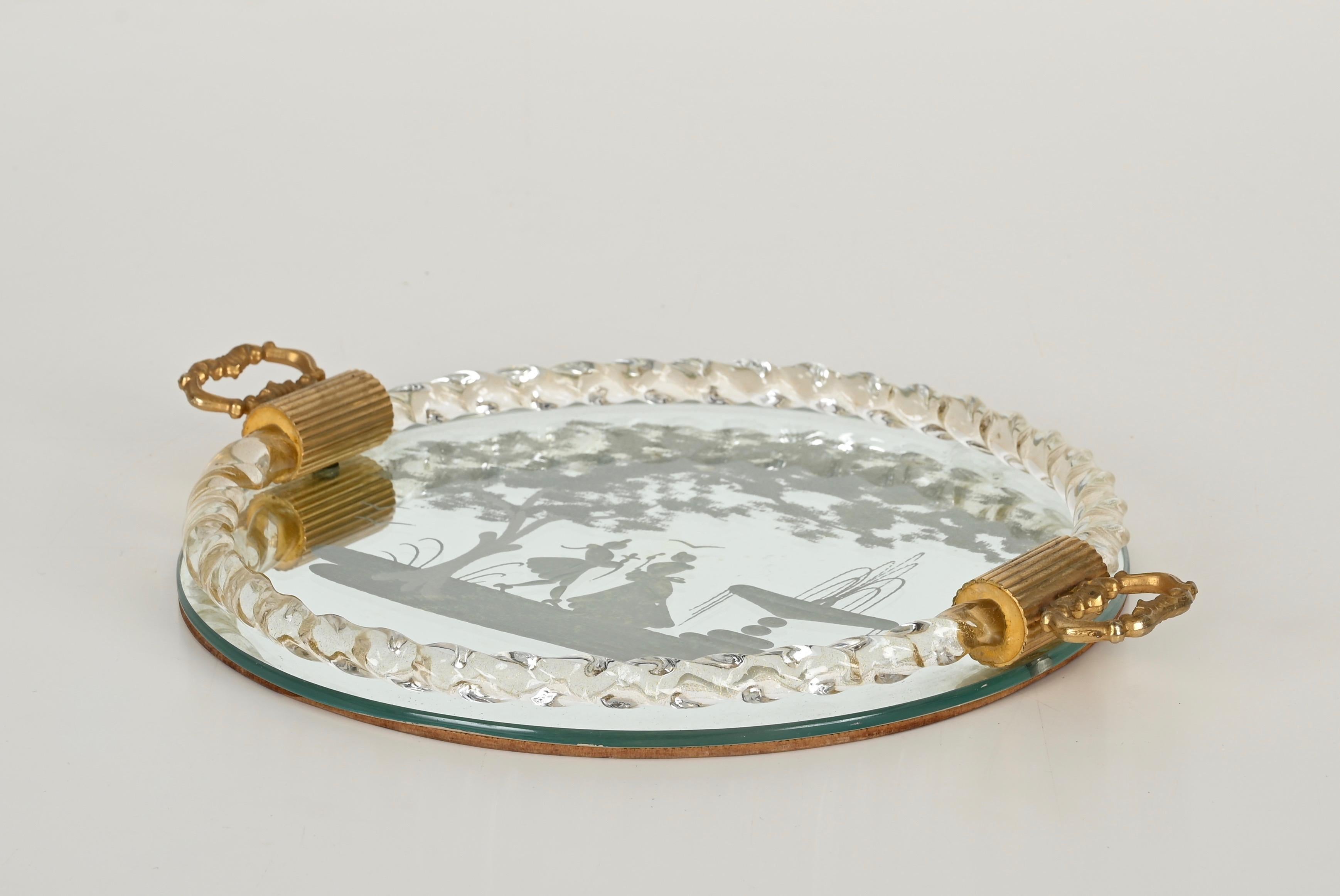 Barovier Bandeja para servir italiana de cristal soplado dorado de Murano, espejo grabado, años 40 en Bueno estado para la venta en Roma, IT