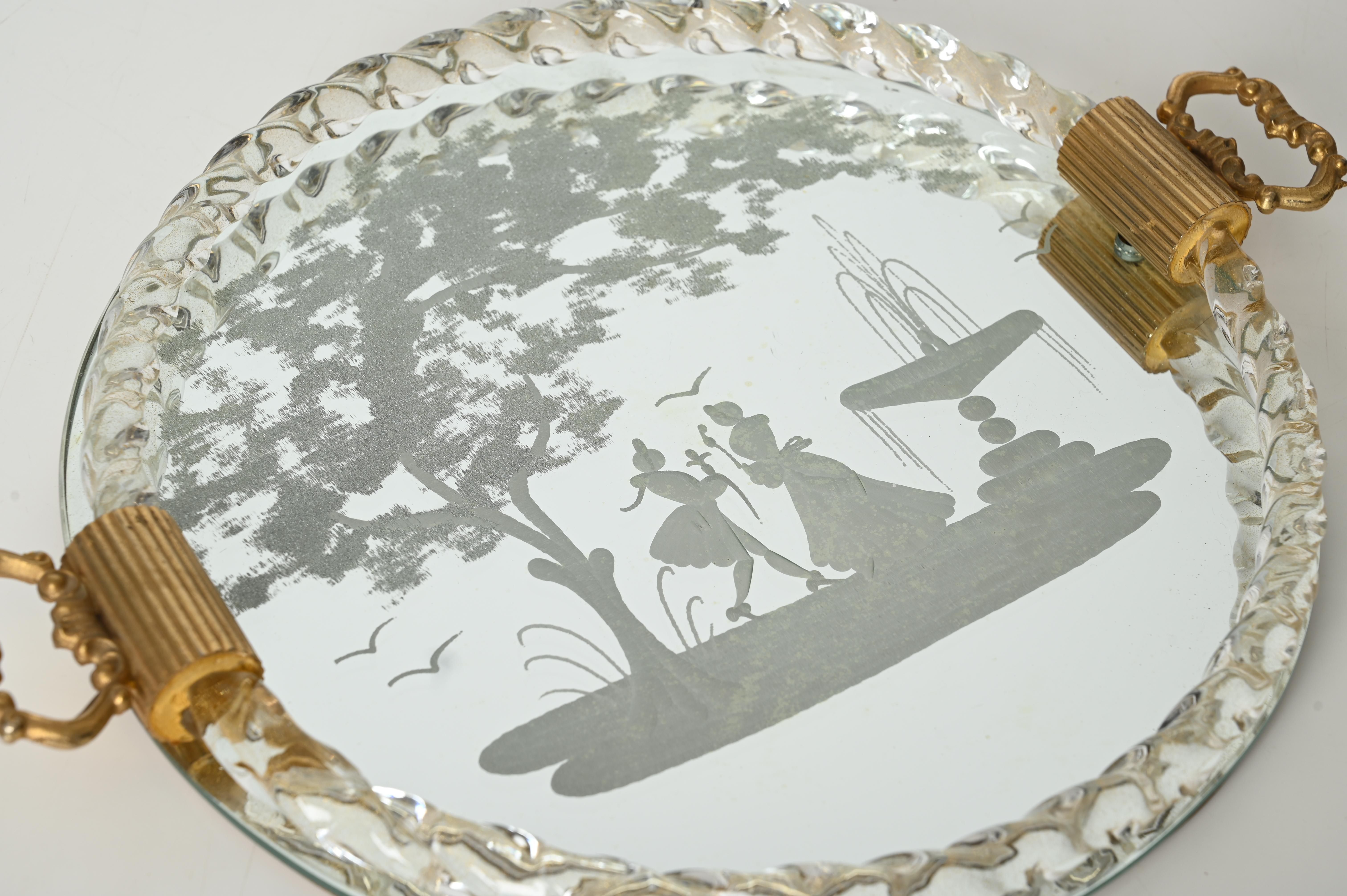 Barovier Bandeja para servir italiana de cristal soplado dorado de Murano, espejo grabado, años 40 siglo XX en venta