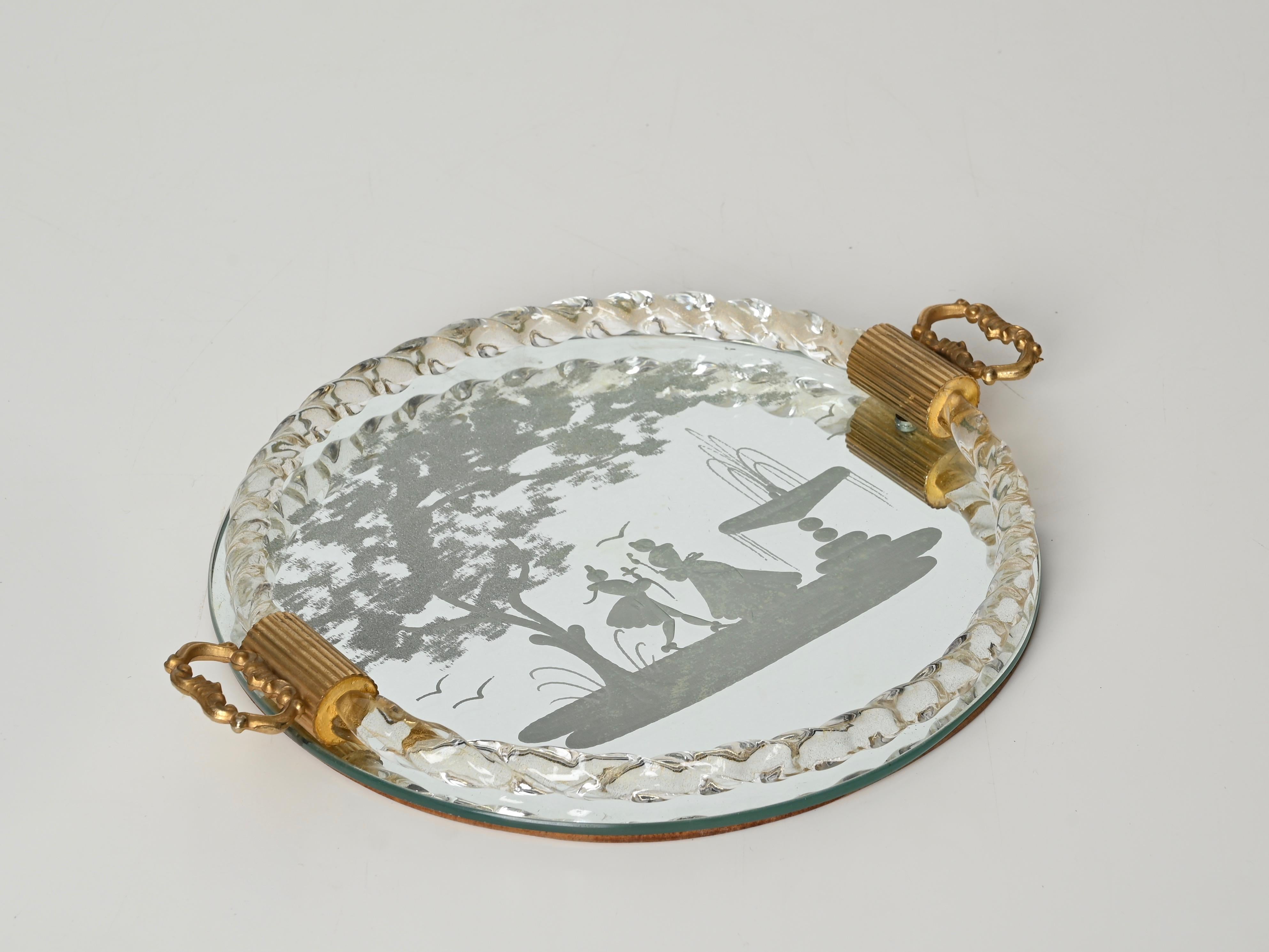 Barovier Bandeja para servir italiana de cristal soplado dorado de Murano, espejo grabado, años 40 en venta 1