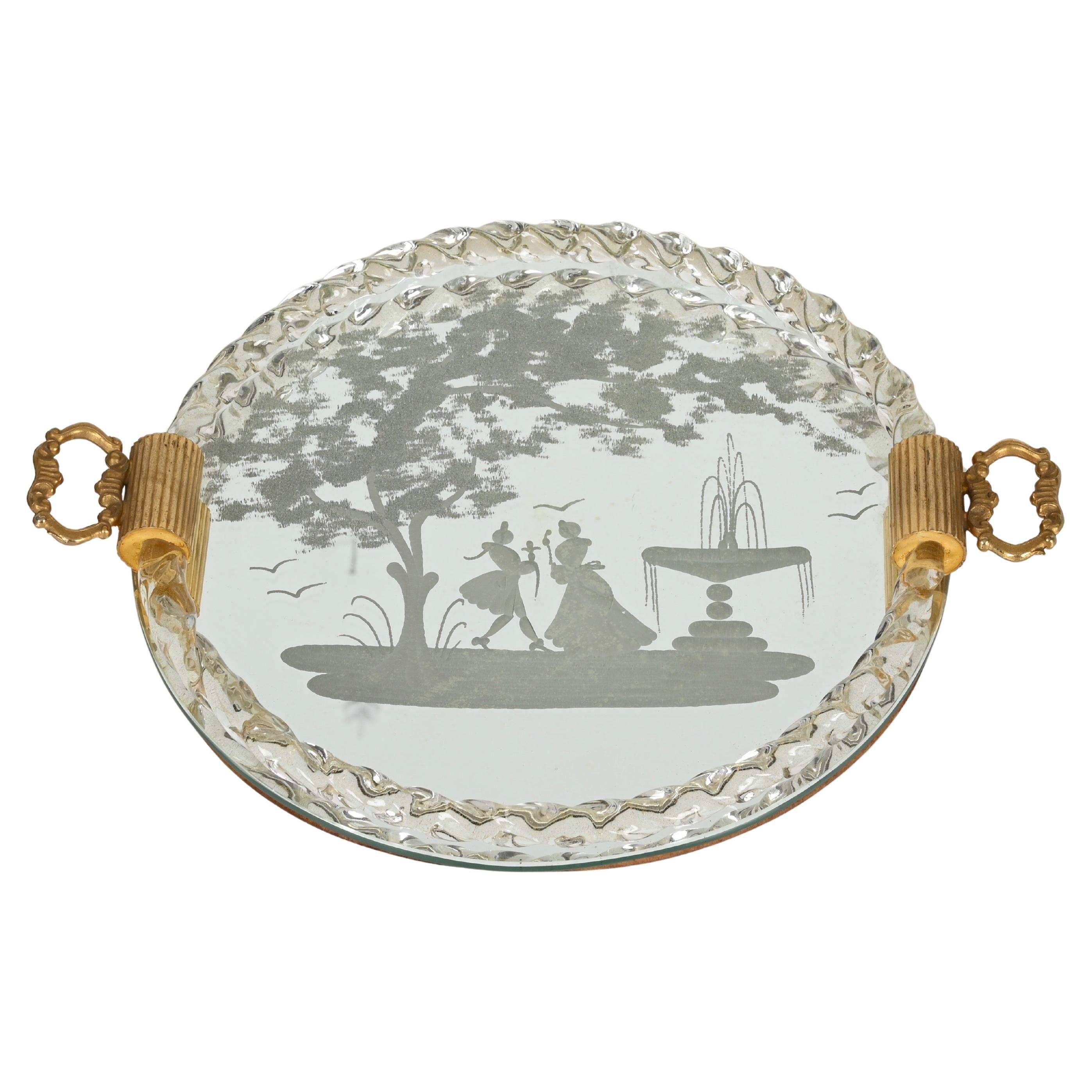 Barovier Bandeja para servir italiana de cristal soplado dorado de Murano, espejo grabado, años 40