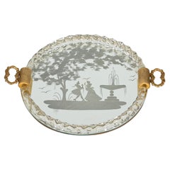 Vassoio da portata italiano in vetro soffiato oro Barovier, specchio inciso, anni '40