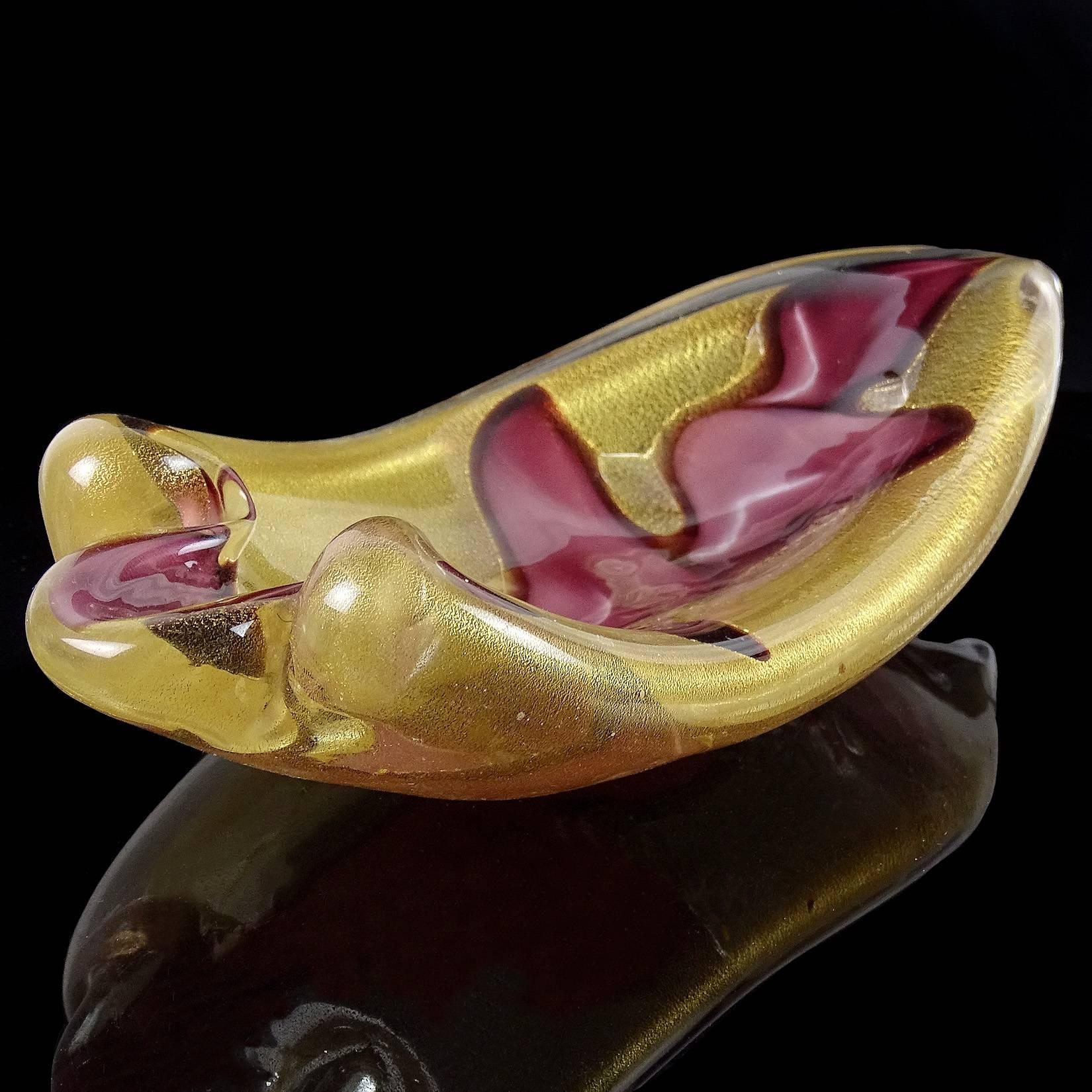 Mid-Century Modern Barovier Murano Gold Flecks Purple Leafs Italian Art Glass Knife Rests Dishes For Sale
