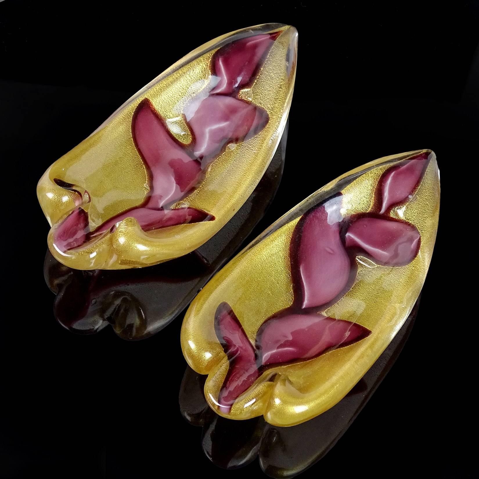 Hand-Crafted Barovier Murano Gold Flecks Purple Leafs Italian Art Glass Knife Rests Dishes For Sale