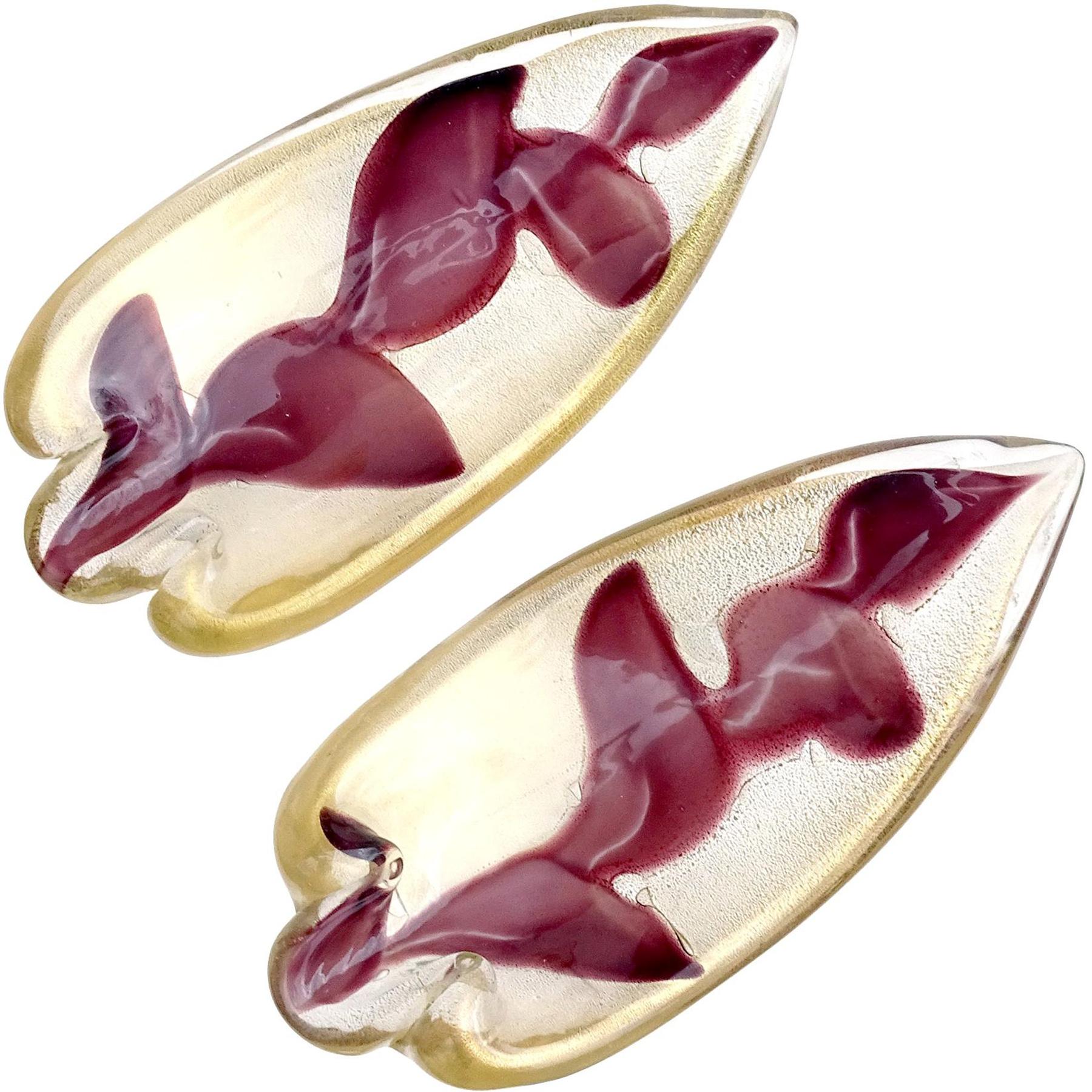 Barovier Murano Oro Moteado Hojas Moradas Arte Italiano Cristal Cuchara Reposaplatos en Bueno estado para la venta en Kissimmee, FL