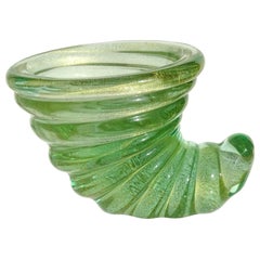 Barovier Murano Green Gold Fleck Italian Art Glass Seashell Ring Dish Sculptures