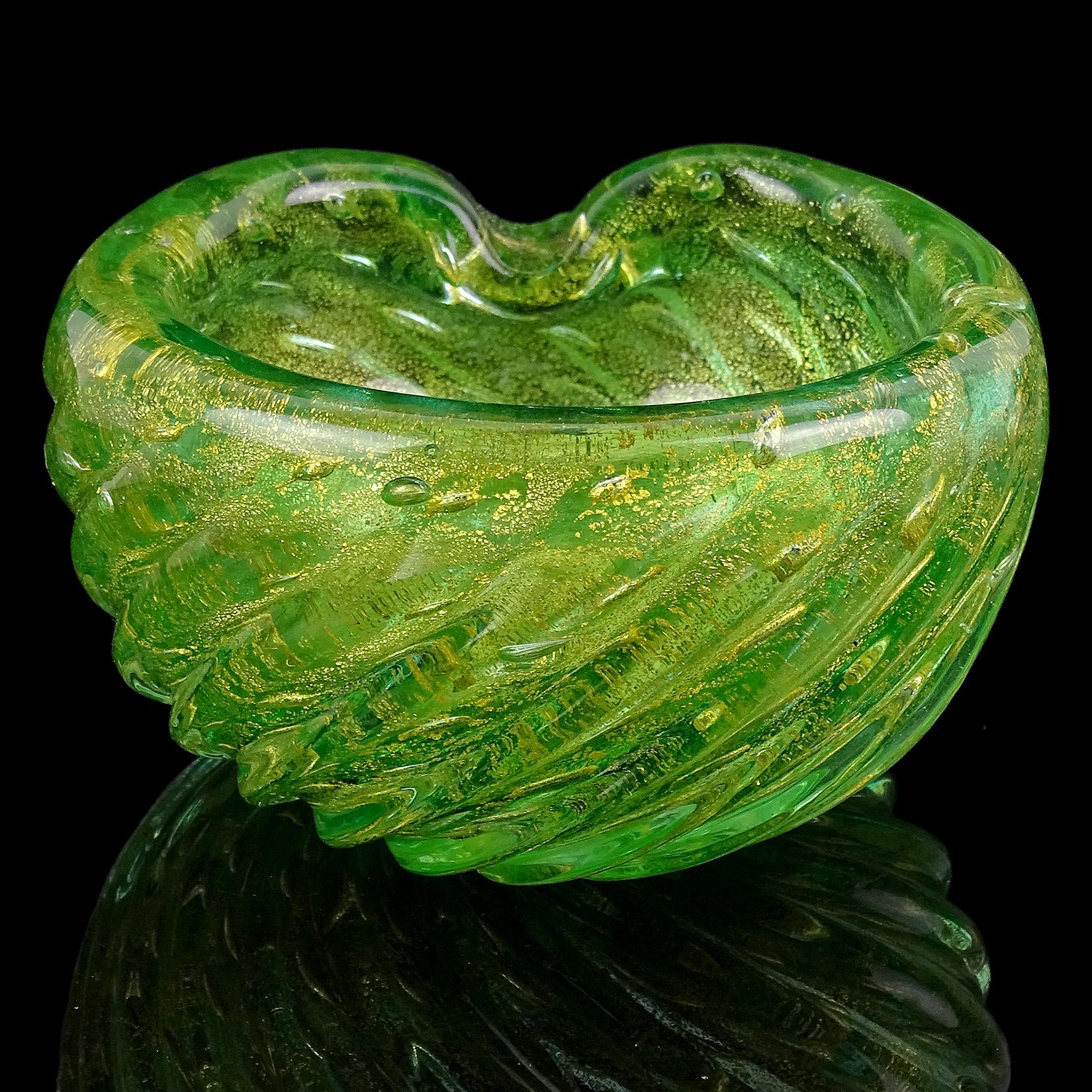 Art Deco Barovier Murano Green Gold Flecks Bubbles Italian Art Glass Ashtray Bowl