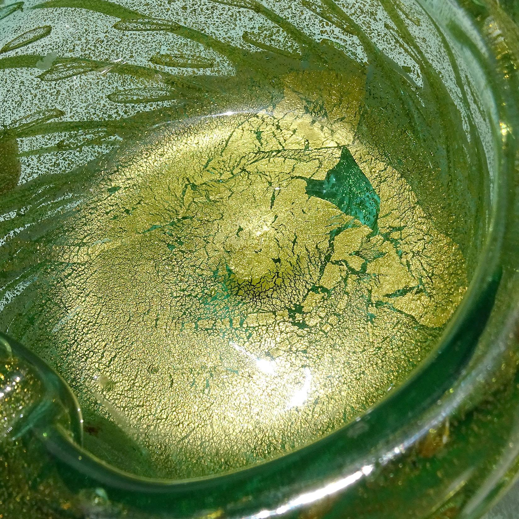 20th Century Barovier Murano Green Gold Flecks Bubbles Italian Art Glass Ashtray Bowl