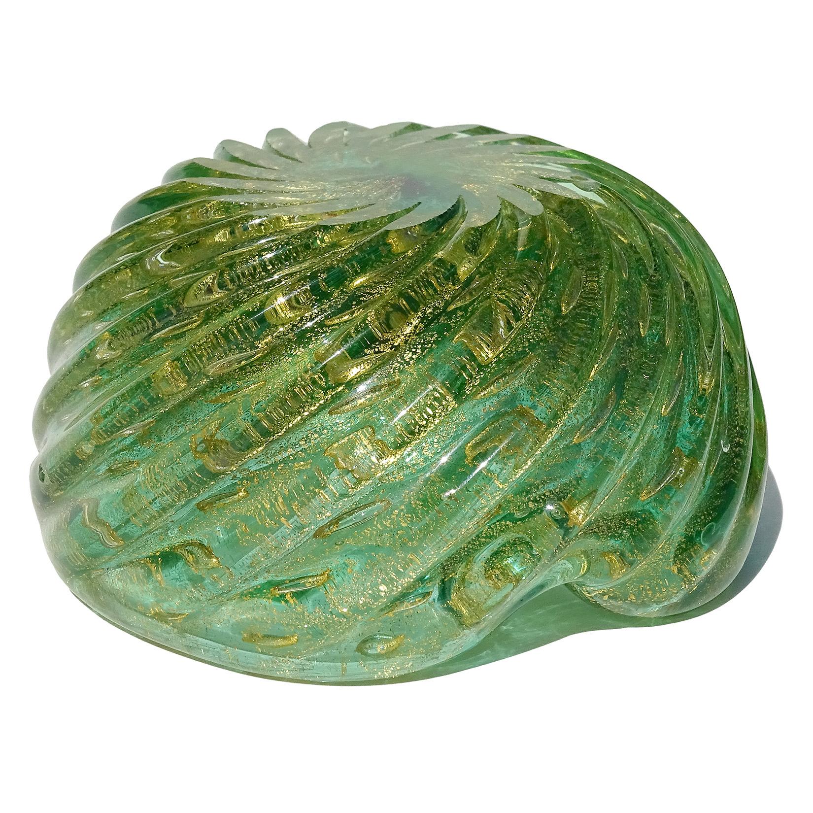 Barovier Murano Green Gold Flecks Bubbles Italian Art Glass Ashtray Bowl 1