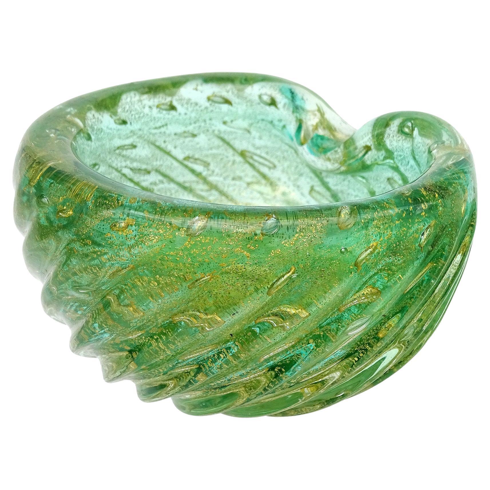 Barovier Murano Green Gold Flecks Bubbles Italian Art Glass Ashtray Bowl