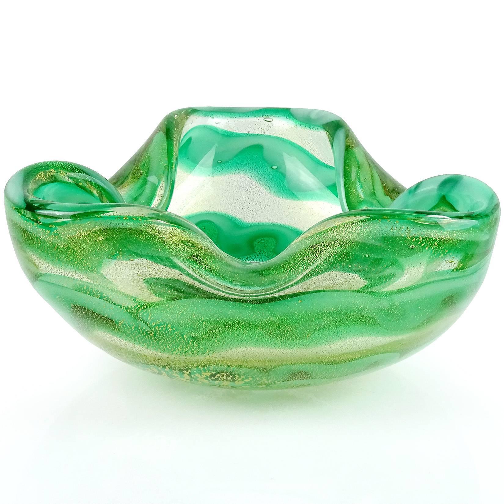 Mid-Century Modern Barovier Murano Green Gold Flecks Swirl Cloud Design Italian Art Glass Bowl