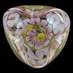 Barovier Murano Lavender Gold Flecks Swirl Cloud Design Italian Art Glass Bowl