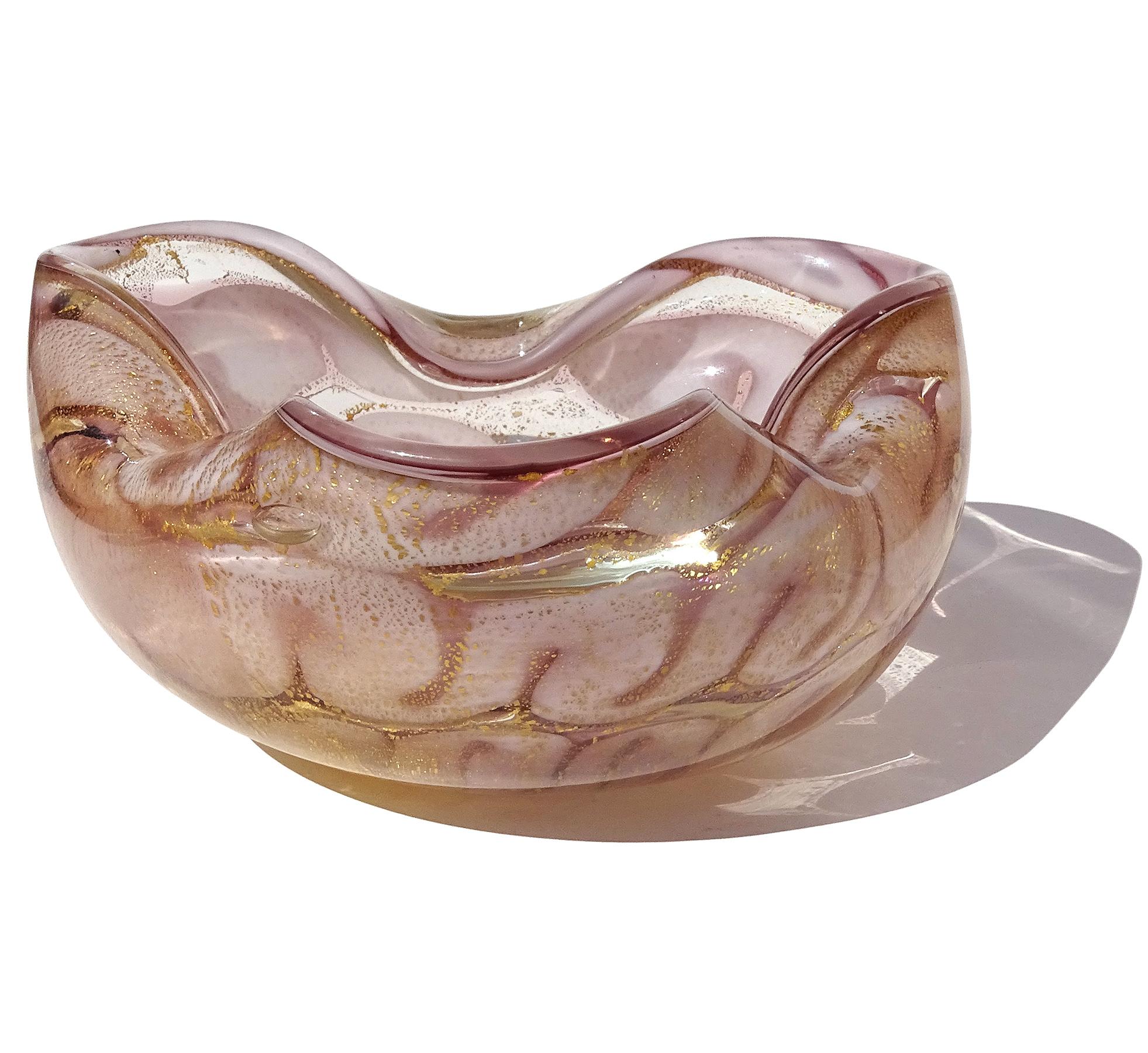 Mid-Century Modern Barovier Murano Lavender Gold Flecks Swirl Cloud Design Italian Art Glass Bowl For Sale