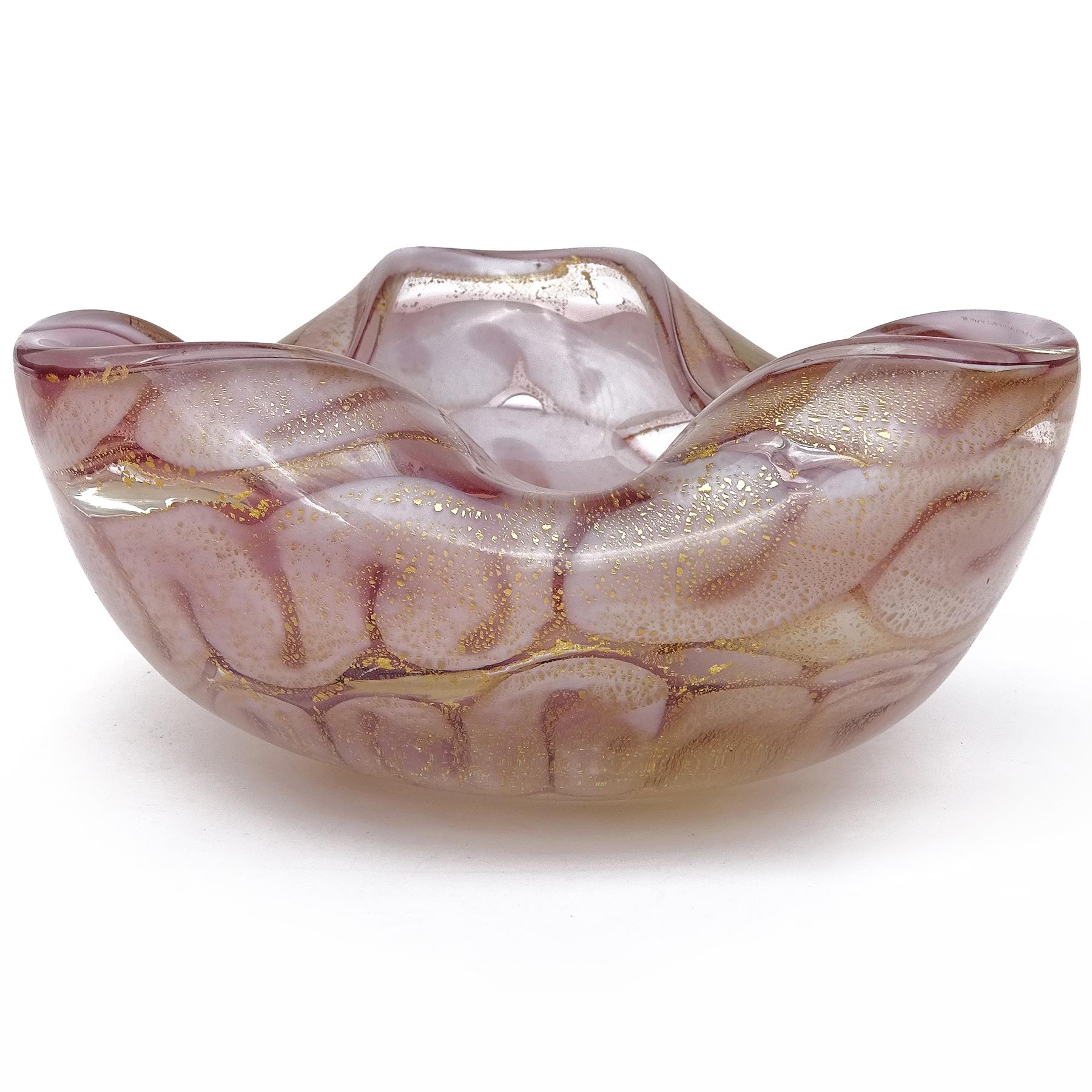 20th Century Barovier Murano Lavender Gold Flecks Swirl Cloud Design Italian Art Glass Bowl For Sale