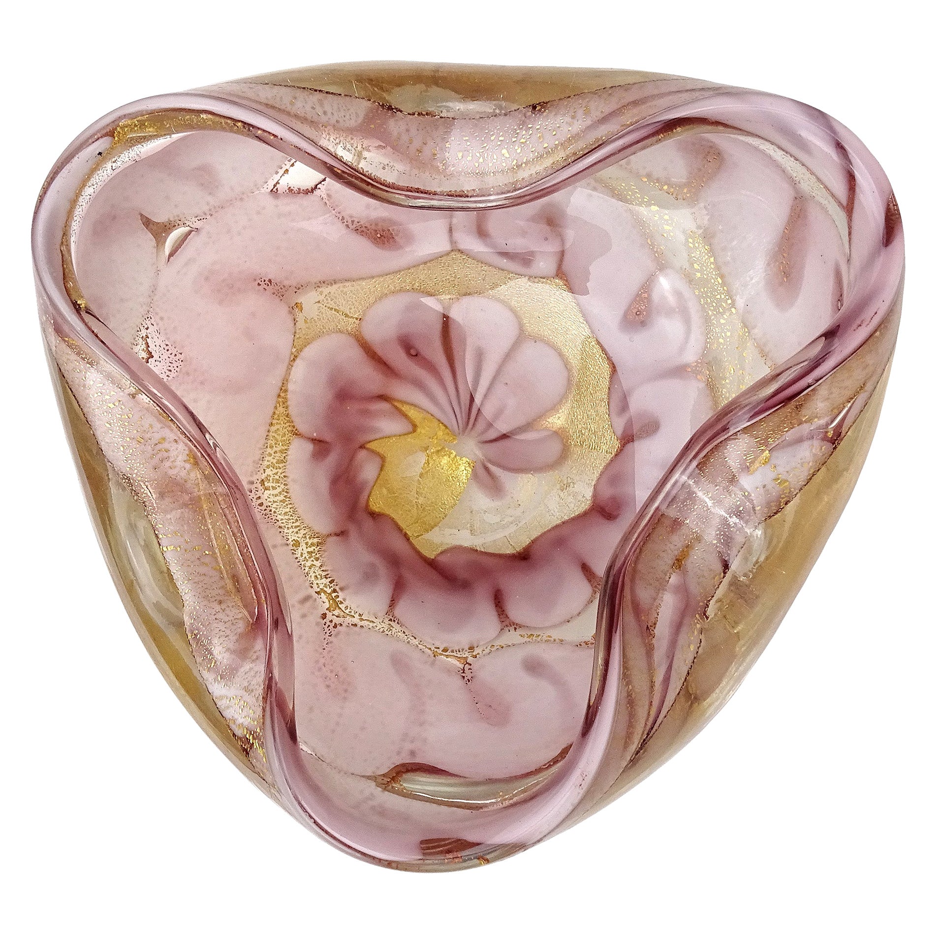 Barovier Murano Lavender Gold Flecks Swirl Cloud Design Italian Art Glass Bowl For Sale