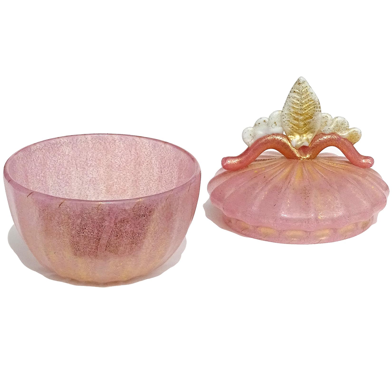 Art Deco Barovier Murano Pink Gold Fleck Italian Art Glass Vanity Jewelry Trinket Box Jar