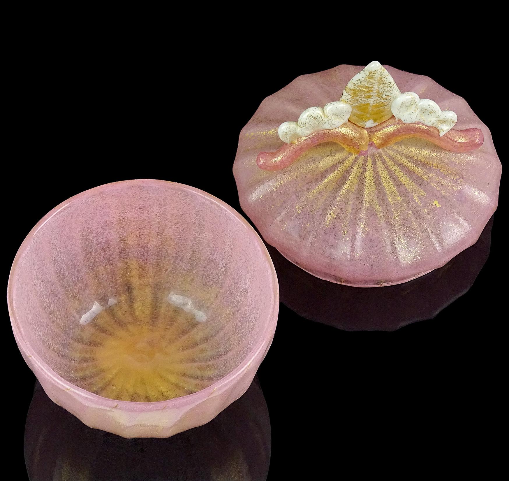 Barovier Murano Pink Gold Fleck Italian Art Glass Vanity Jewelry Trinket Box Jar In Good Condition In Kissimmee, FL