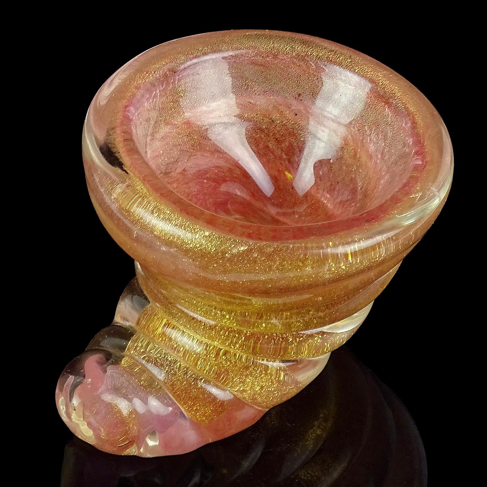 Barovier Murano Pink Gold Flecks Italian Art Glass Seashell Ring Dish Sculptures In Good Condition For Sale In Kissimmee, FL