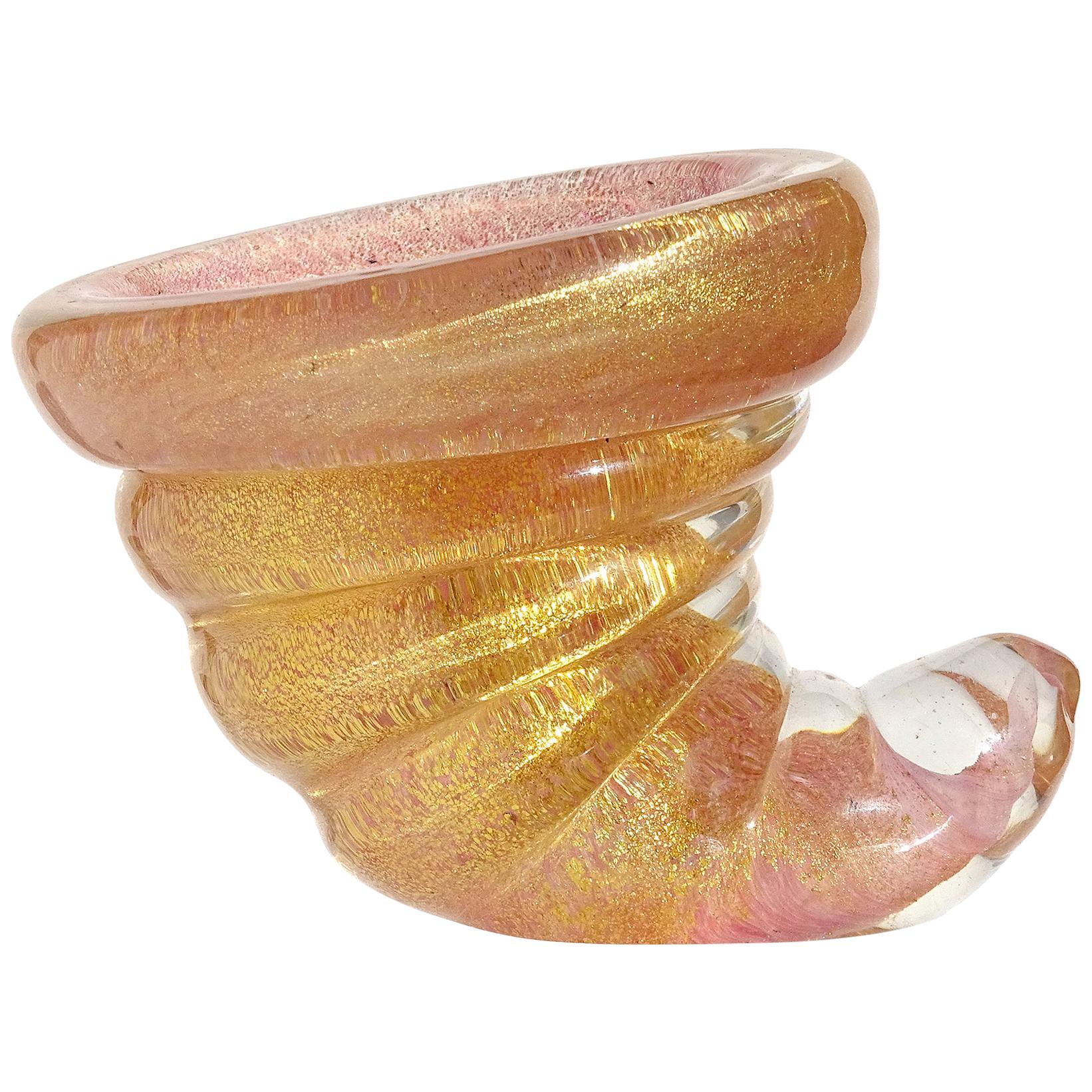 Barovier Murano Pink Gold Flecks Italian Art Glass Seashell Ring Dish Sculptures For Sale